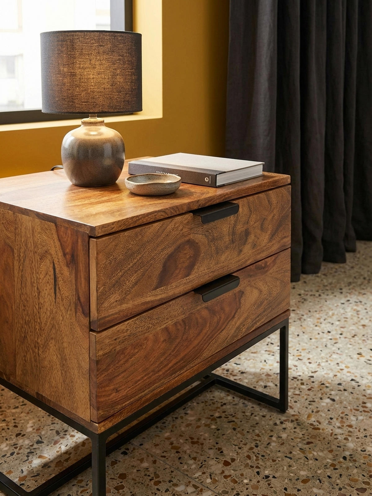 NACHTTISCH – Massivholz/Eisen, 50x40x51 cm, 2 Schubladen, Industrial-Stil - Schwarz/Braun, Holz/Metall (50/51/40cm) - KADIMA DESIGN