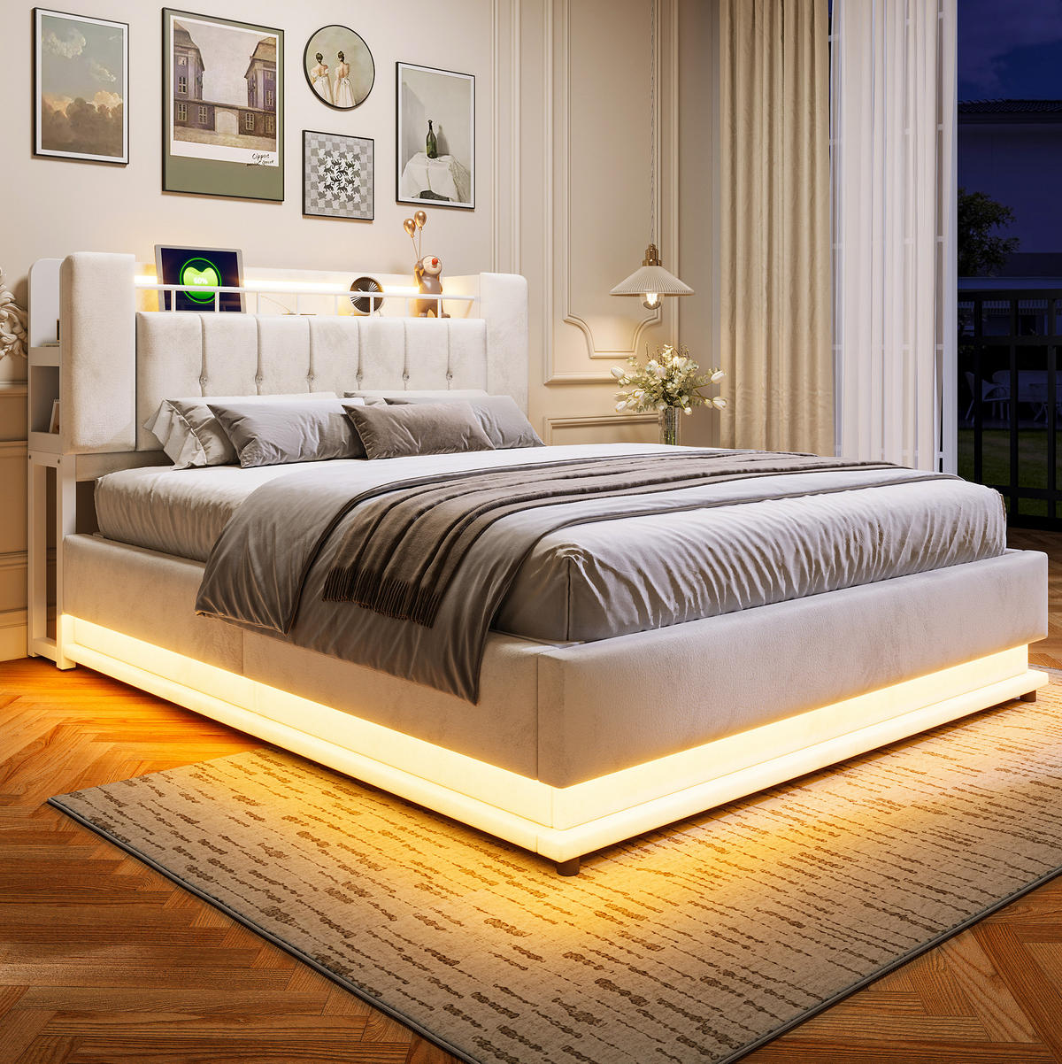 POLSTERBETT 160/200 cm Beige mit LED-Beleuchtung, USB und Stauraum - Beige, Textil (160/200cm) - Flora Grace