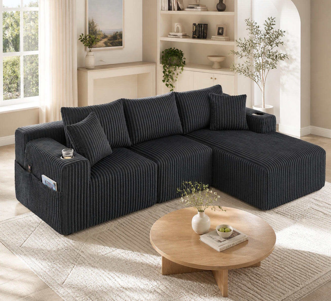 OKWISH MODULÁRNÍ pohovka 257/90-160/62 cm šedá z manšestru s polštáři, kapsami a držáky na nápoje