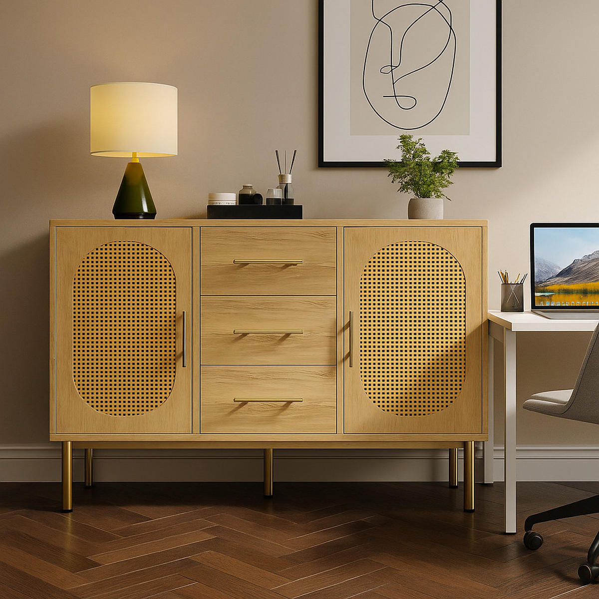 SIDEBOARD mit Rattan-Türen, 100x40x60 cm - Eiche San Remo, Holzwerkstoff/Metall (120/74/40cm) - Urban Meuble