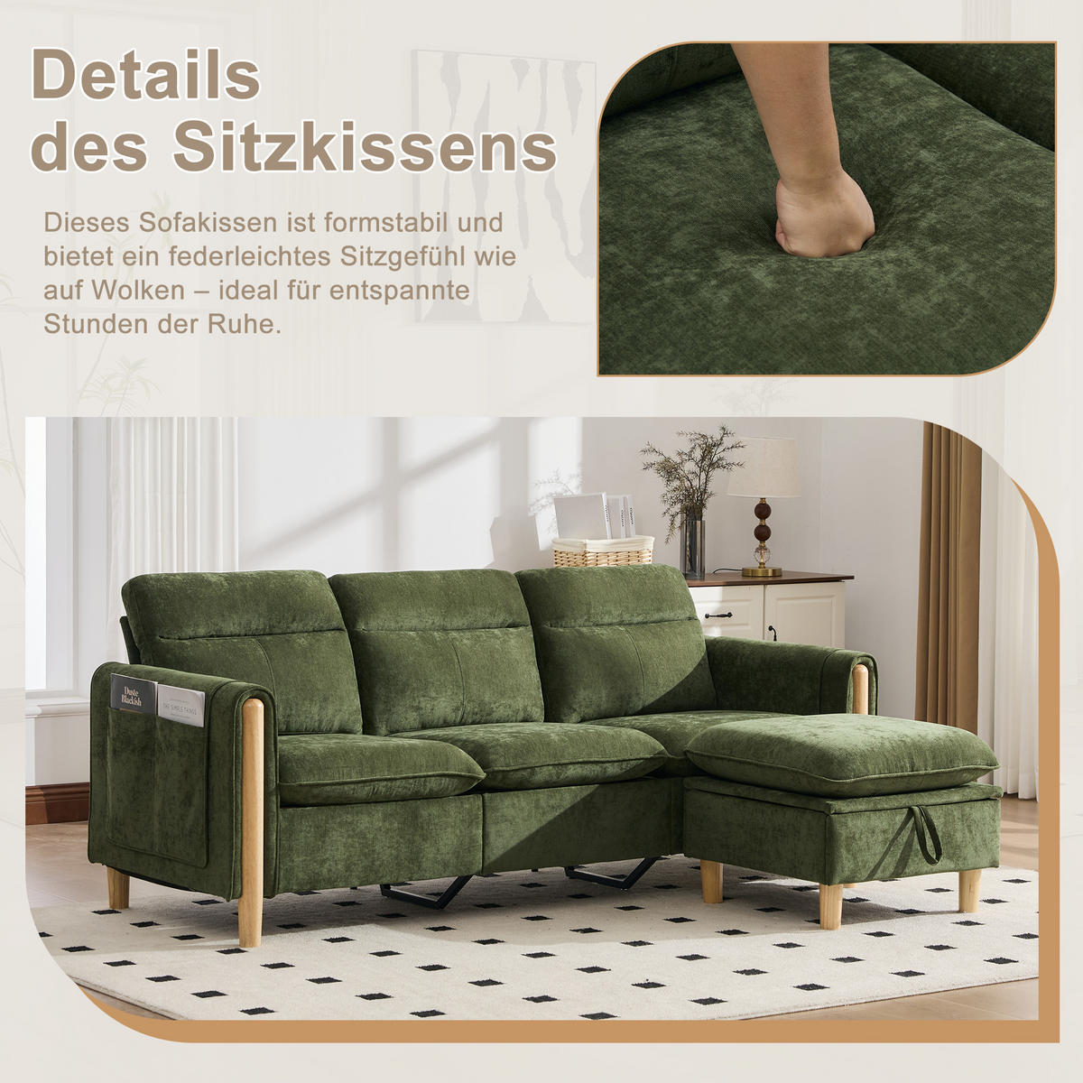 ECKSOFA DE-33940 mit Stauraumhocker und Seitentaschen Grün - Grün, Holz (77/201cm) - ComfortXL