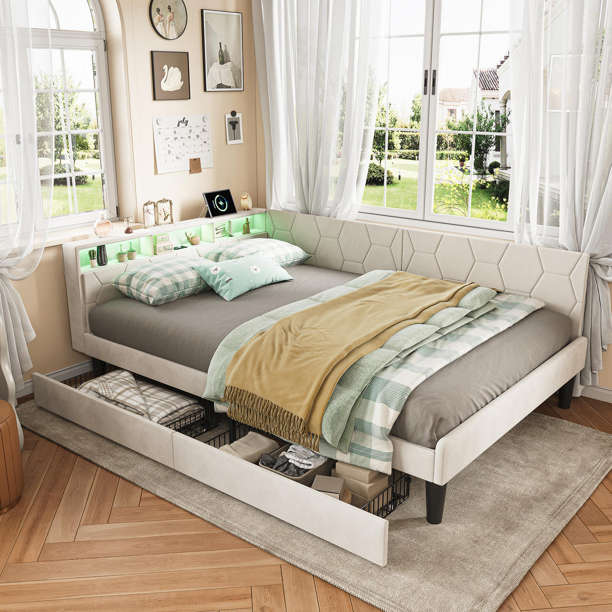 POLSTERBETT 140x200 cm, Stauraumkopf mit Ablagen, 2 Schubladen, LED und USB, Beige Samt - Beige, Holz (140/200cm) - BRILVERDE
