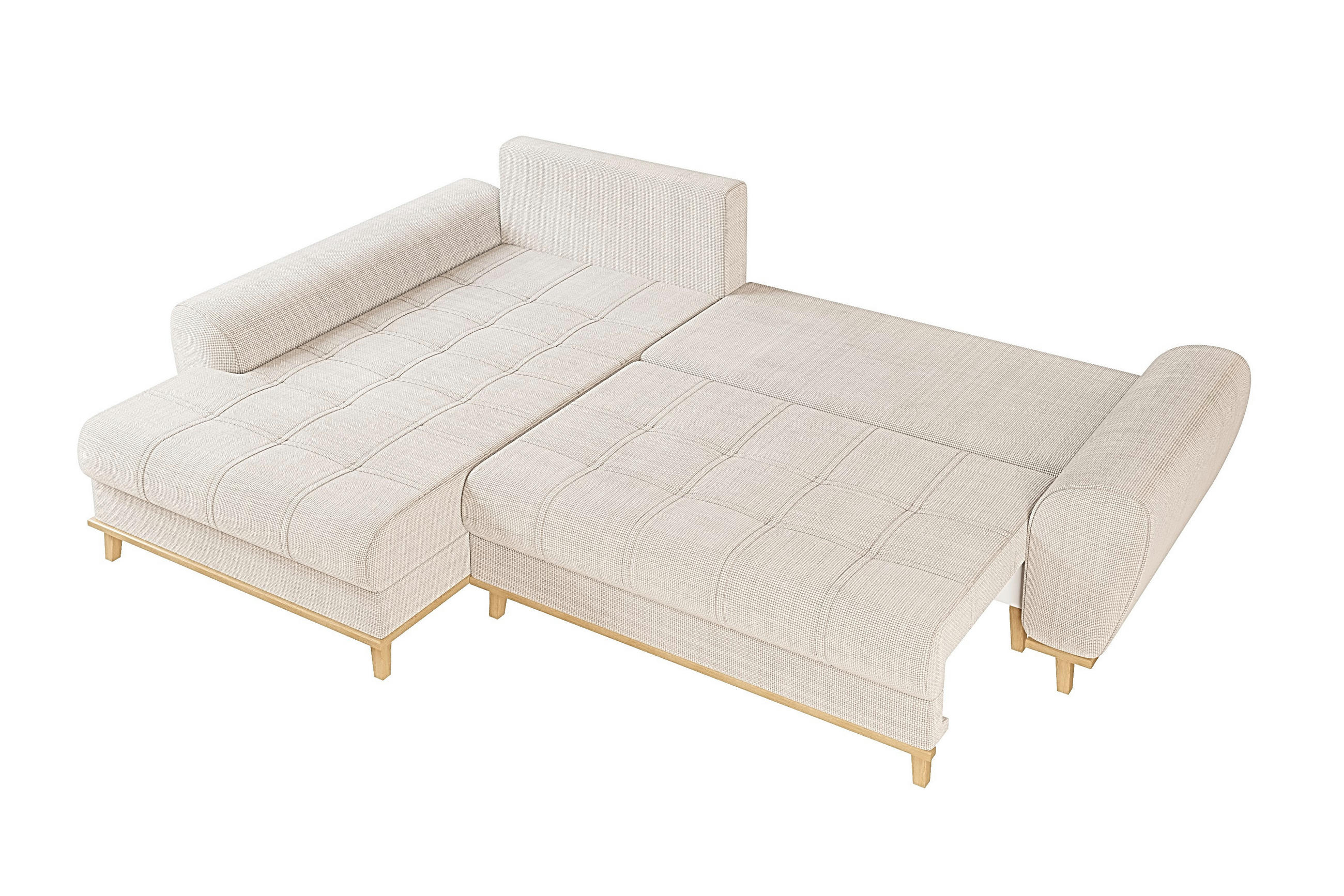 ECKSOFA im Scandi-Stil, Schlaffunktion, Bettkasten B268/T175/H86 cm, Ottomane links, Liegefl. 128x209 cm, Bouclé Chenille Stoff in Beige / 21014 - Eichefarben/Beige, Holz/Textil (268/175cm) - luma-home