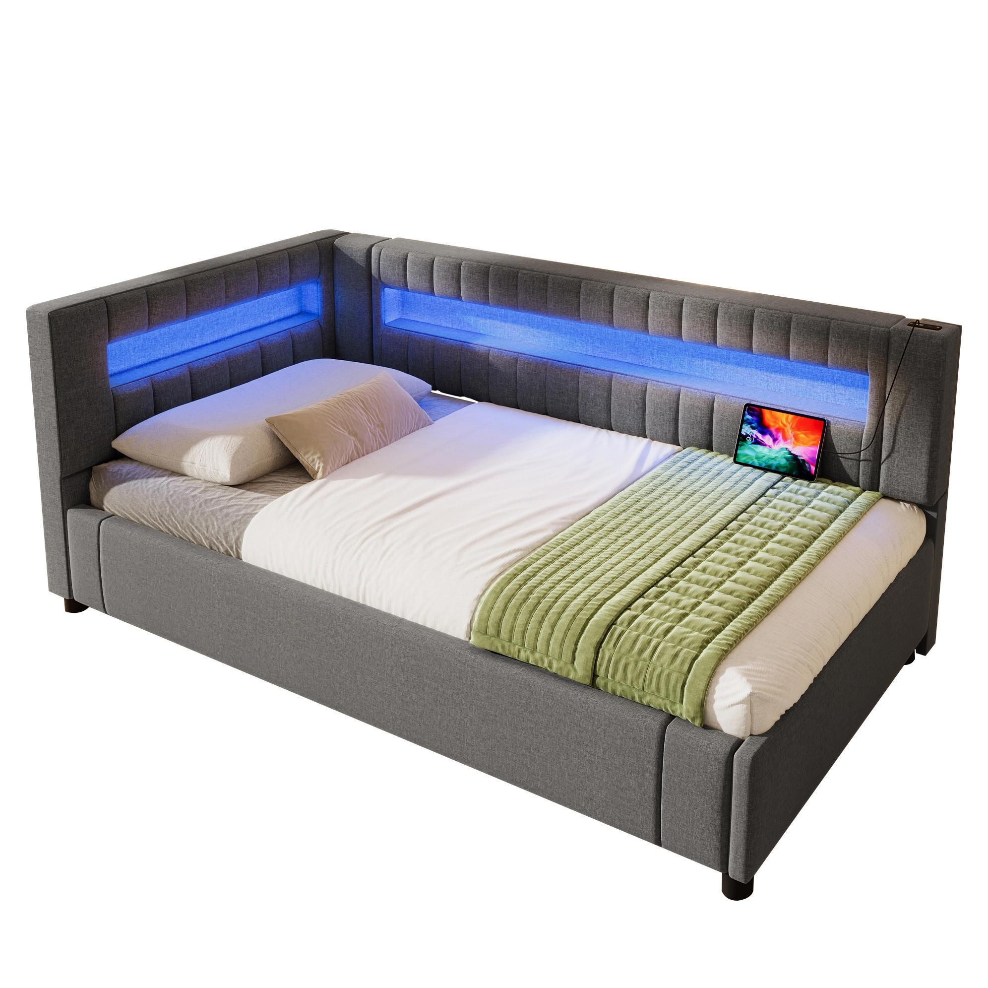 POLSTERBETT 90/200 cm Grau aus Leinen mit LED-Beleuchtung und Stauraum - Grau, Textil (90/200cm) - OKMYHOME