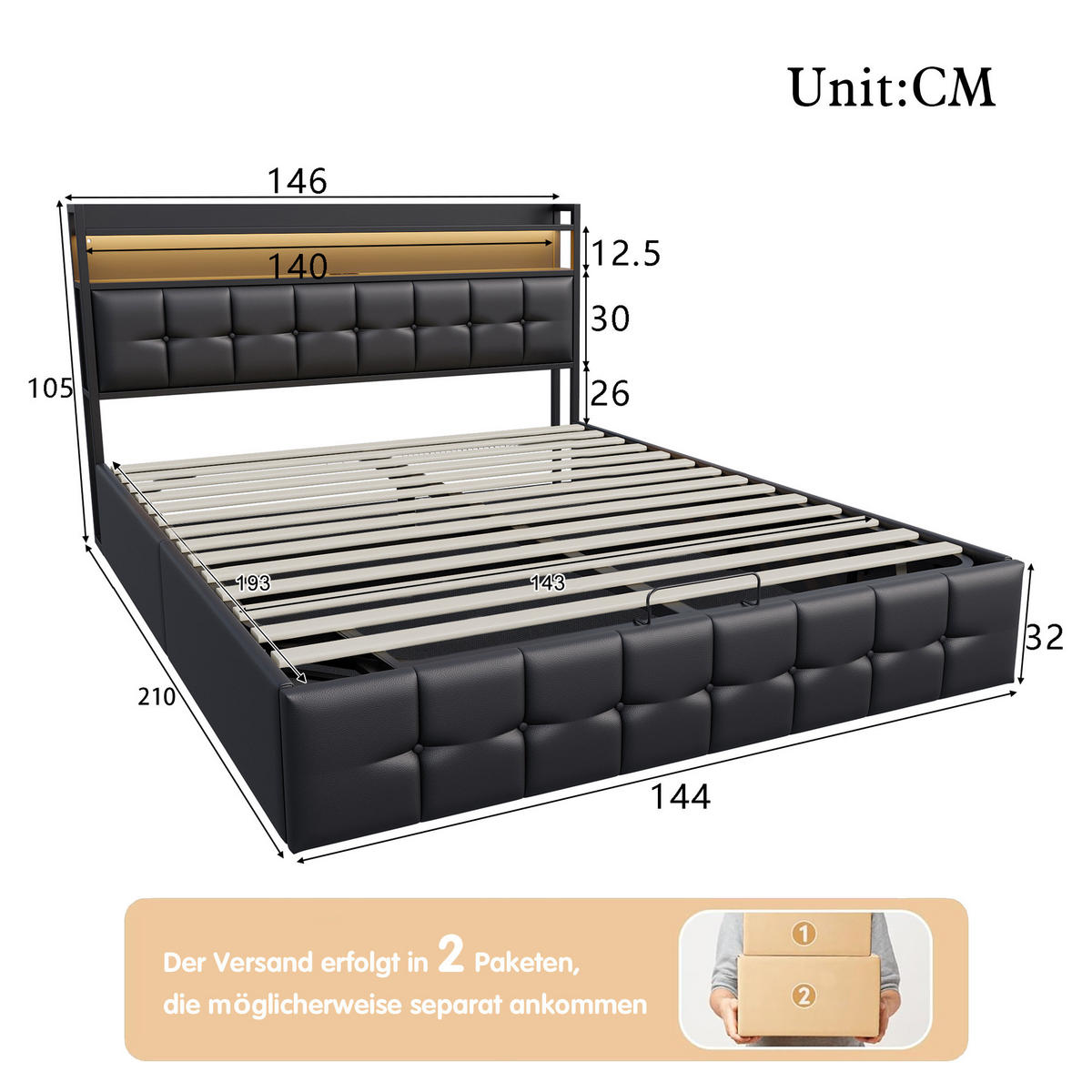 POLSTERBETT 140/190 cm Schwarz, Kunstleder,Bett mit LED-Beleuchtung und USB-Ladefunktion - Schwarz/Naturfarben, Holz/Metall (140/190cm) - FURNISHINGS HOME