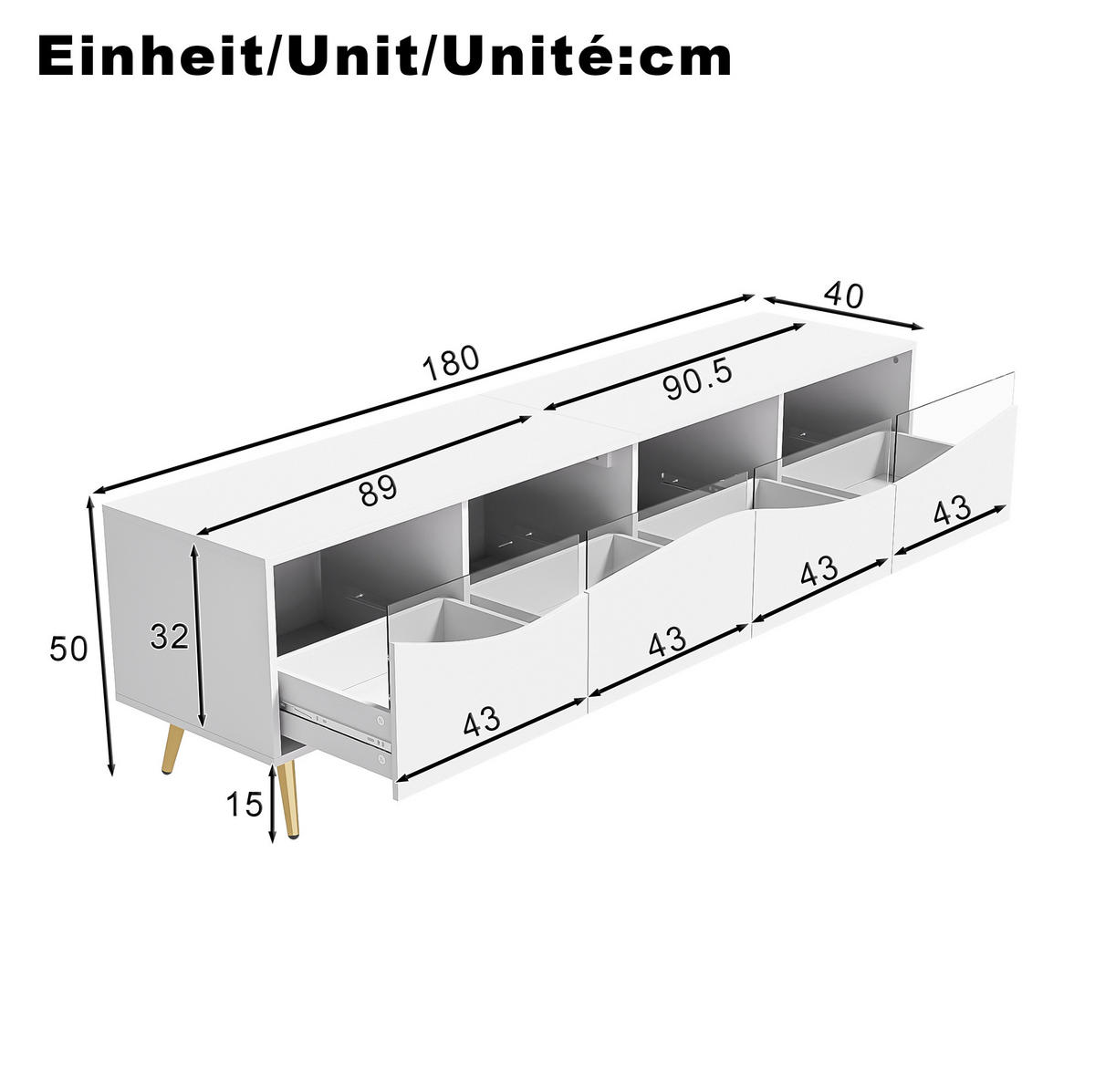 TV-SCHRANK in Weiß mit Glasfronten, LED und goldfarbenen Metallfüßen 180/40/50 cm - Weiß, Holzwerkstoff (180/50/40cm) - Redom