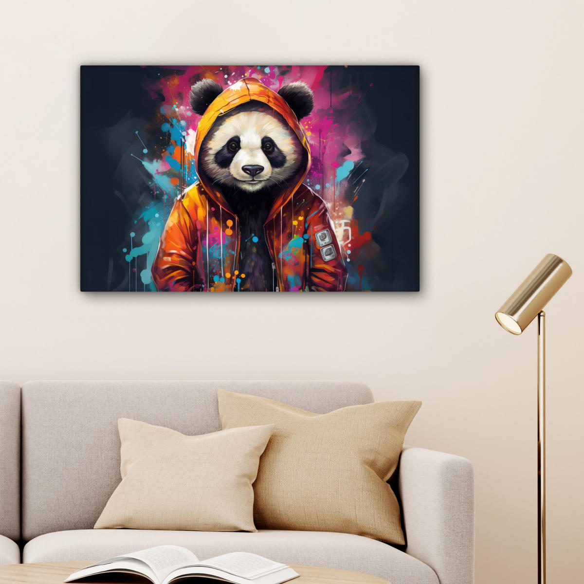 LEINWANDBILD Panda - Jacke - Graffiti - Orange Wanddeko 90x60 cm - Orange, Textil (90/60cm) - MuchoWow