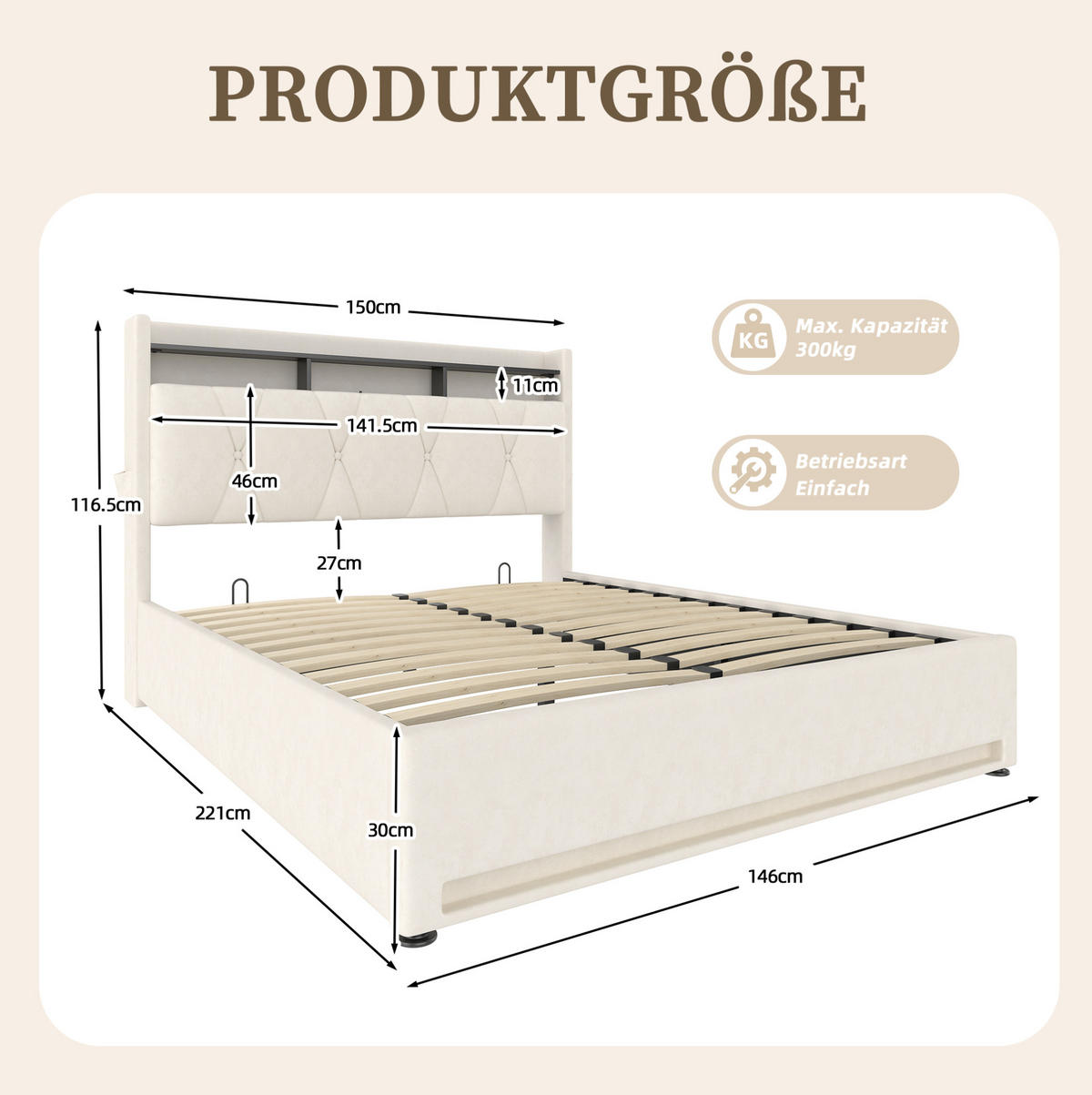 ČALOUNĚNÁ postel 140/200 cm se sametem, LED osvětlením, USB-C a úložným prostorem, Béžová - béžová, textil (140/200cm) - Redom