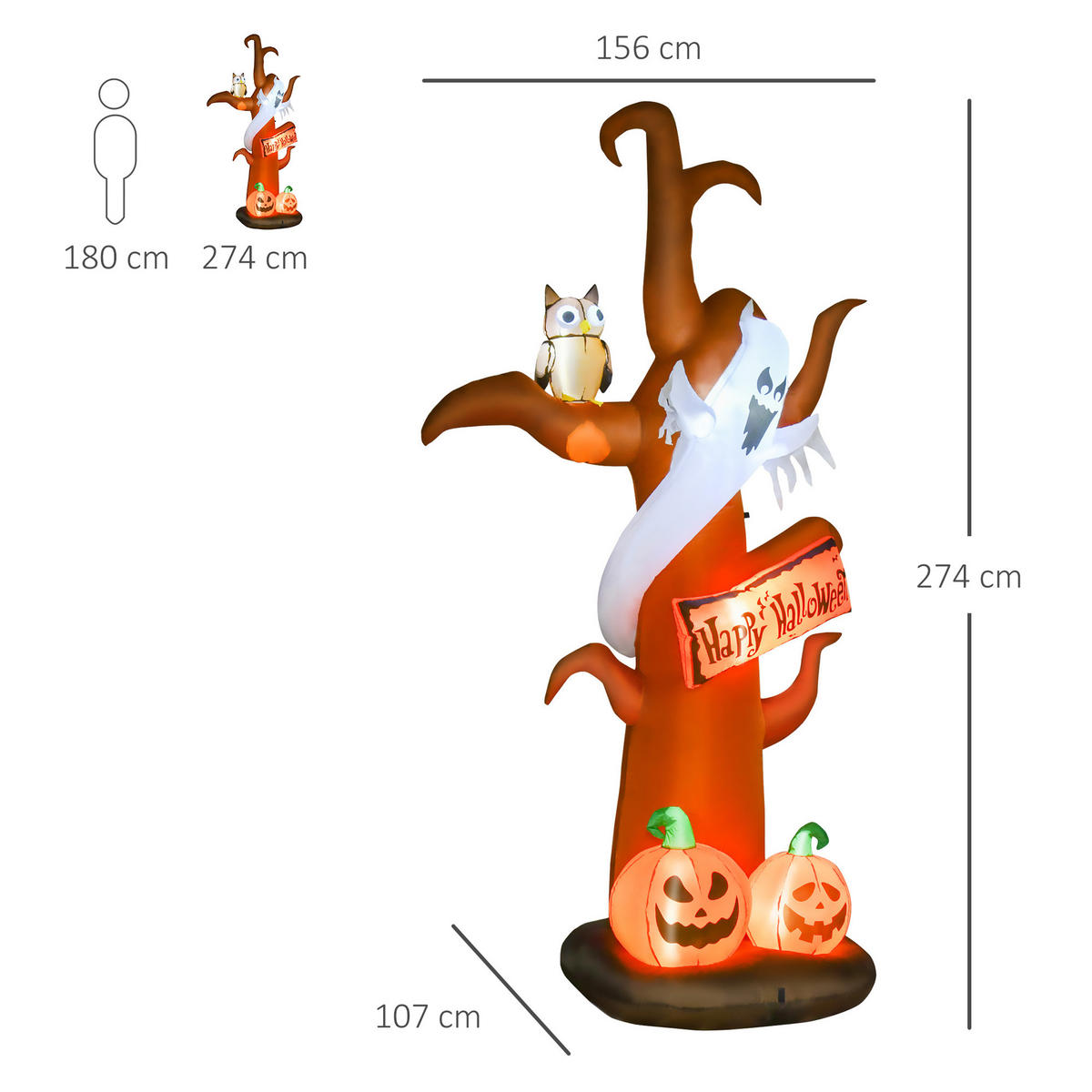 HALLOWEENDEKO DE-42118 2,7 m aufblasbarer Spukbaum mit LED - Braun, Kunststoff (156/274/107cm) - ComfortXL
