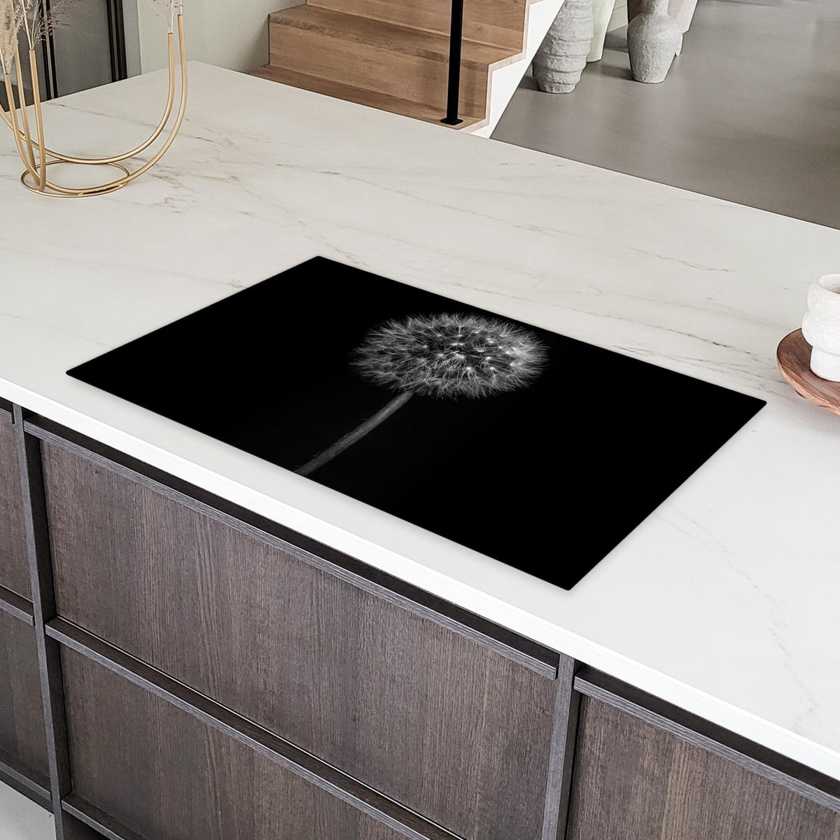 HERDABDECKPLATTE Löwenzahn - Schwarz - Floral - Botanisch 89x51 cm - Grau, Kunststoff (89.6/0.2/51.6cm) - MuchoWow