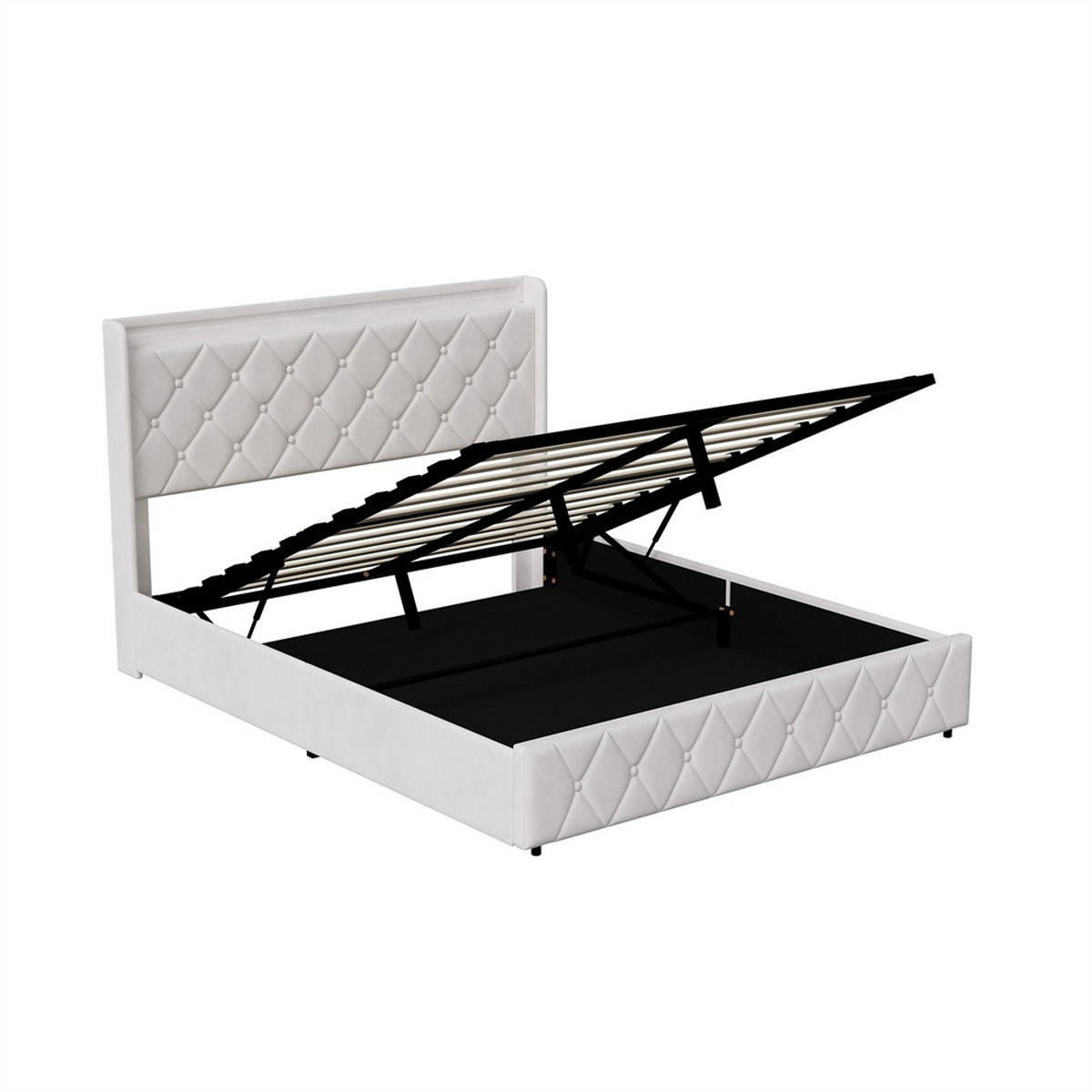 POLSTERBETT 160x200 cm mit hydraulischem Stauraum - Kopfteil Regal & LED - USB - ohne Matratze - Beige - Beige, Textil (160/200cm) - DELFA