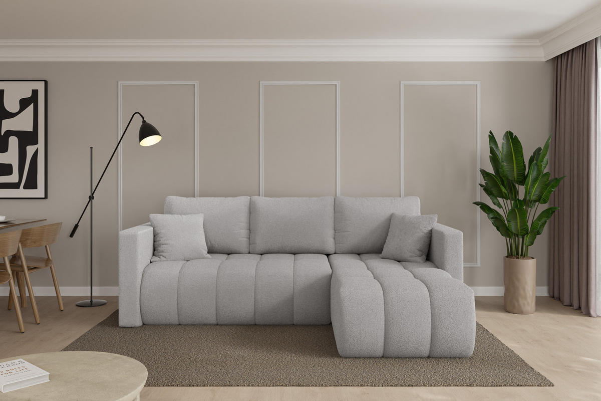 ROHOVÁ SEDAČKA s funkcí spaní, otoman vpravo GARD-L 226x146x85 světle šedá bouclé - černá/stříbrná, kompozitní dřevo/textil (226/146cm) - ALTDECOR