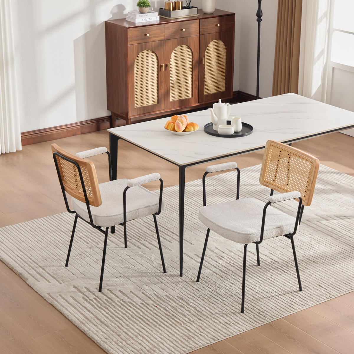 ARMLEHNSTUHL-SET DE-36881 2 Stück mit Chenille-Polsterung und Rattan-Optik Elfenbein - Creme, Metall (58/82/62.5cm) - ComfortXL
