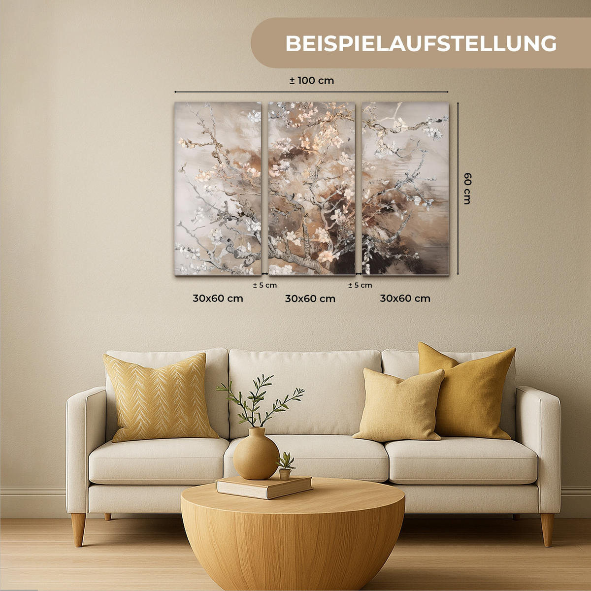 OBRAZ NA PLÁTNĚ 3dílná sada Mandlový květ - abstraktní - béžový 90x60 cm - béžová, textil (90/60cm) - MuchoWow