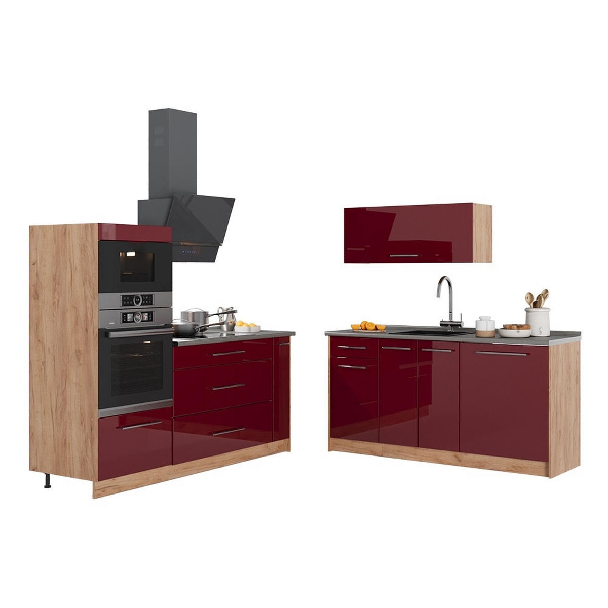 KUCHYŇA Fame-Line, Bordeaux vysoký lesk/Dub Goldkraft, 340 cm, AP Marble - bordová/dub medový, kompozitné drevo (340/153.6/60cm) - Vicco