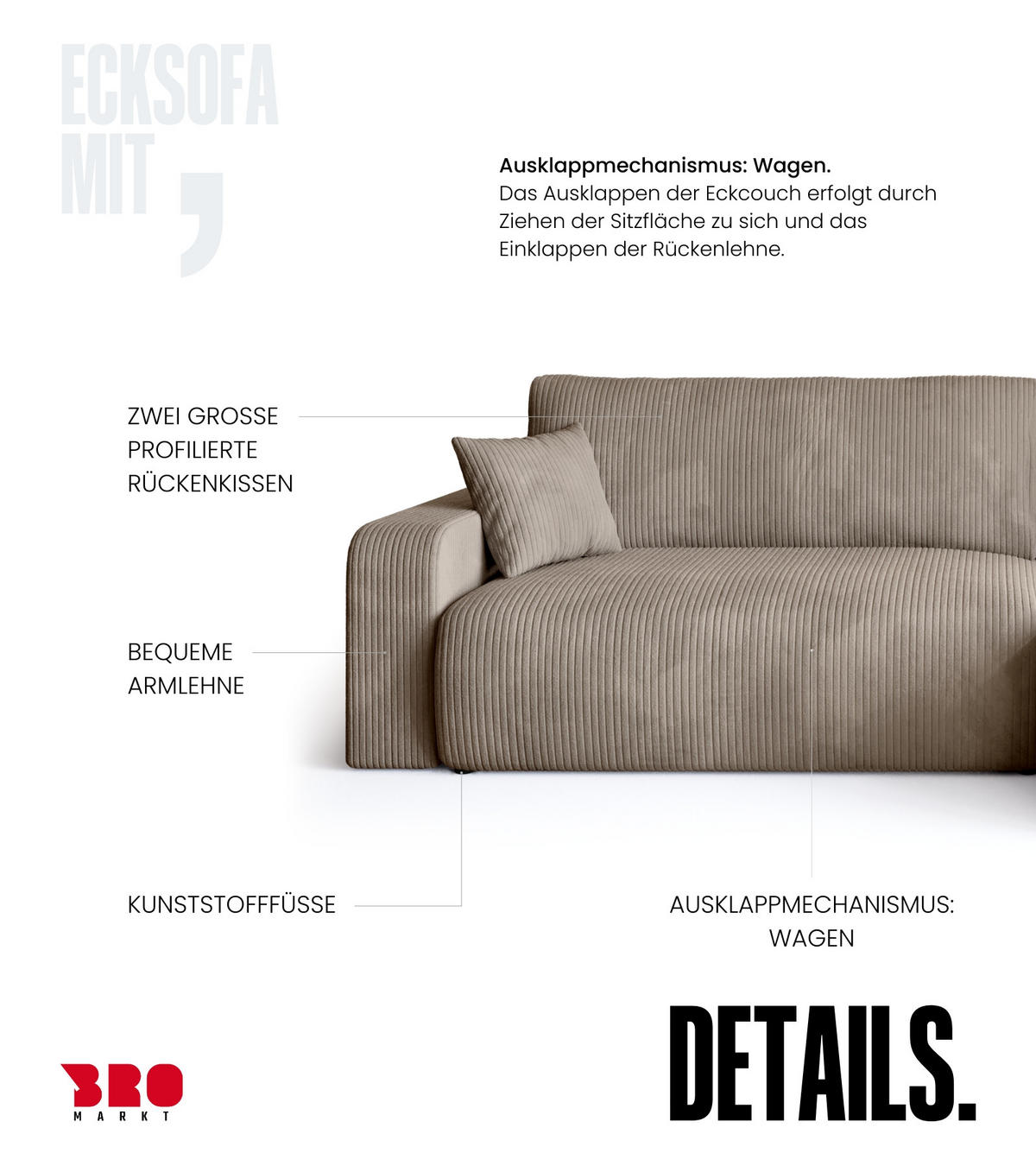 ECKSOFA Bisk mit Schlaffunktion Beige Cordstoff - Beige, Textil (275/170cm) - Bromarkt