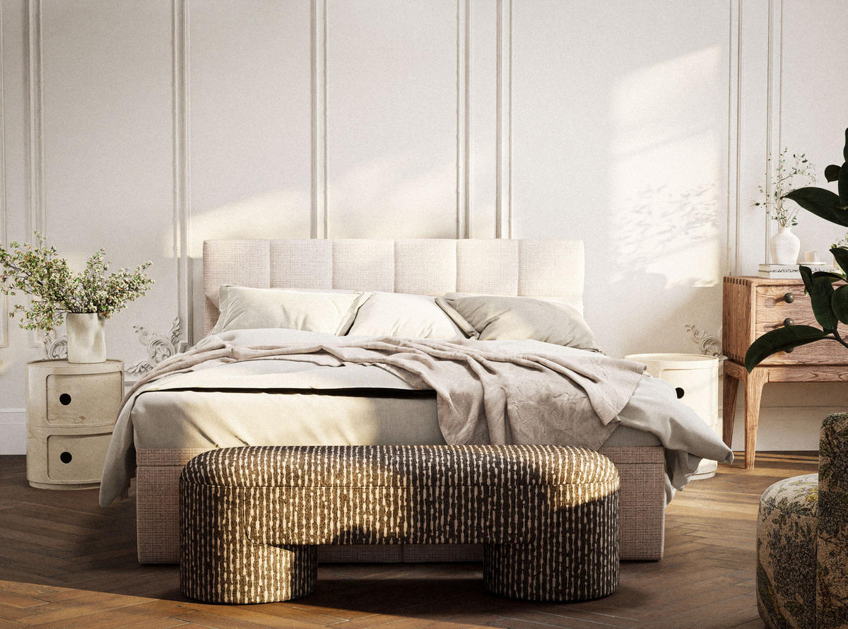 BOXBETT 200/200 cm Gotu S, in Creme, Matratze, gepolstertes Kopfteil, Bettkasten, H3 = fest - Creme/Schwarz, Holz/Holzwerkstoff (200/200cm) - Maison de Reve