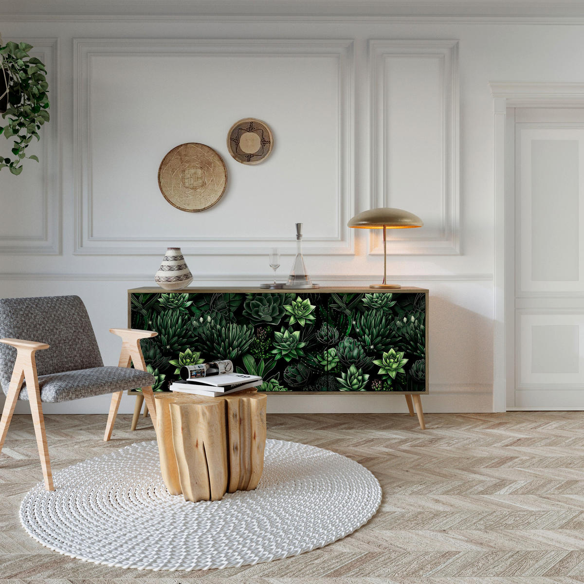 SIDEBOARD SUCCULENT JUNGLE, Eicheneffekt, 164,5x42x77,5 cm, 3 Türen - Eichefarben/Buchefarben, Holzwerkstoff/Buchenholz (164.5/77.5/42cm) - SpaceRebels