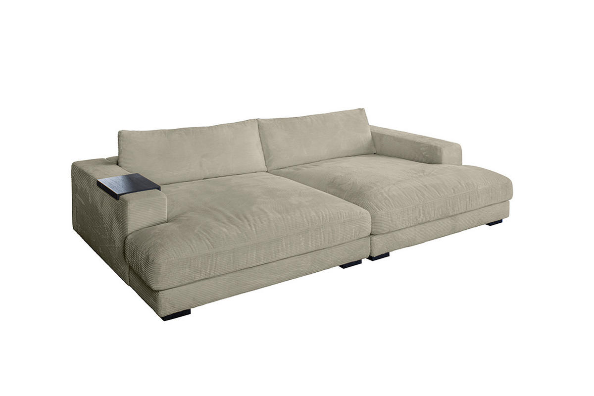 BIG SOFA XL MIT TABLETT SCHWARZ MADELINE Steingrau Cord - Greige/Schwarz, Kunststoff/Textil (290/85/190cm) - KAWOLA