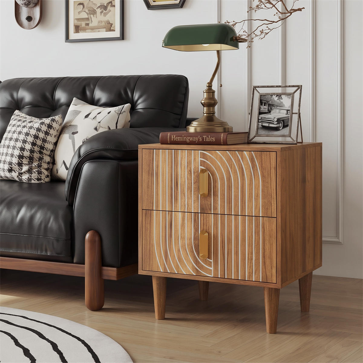 NACHTTISCH mit 2 Schubladen - Stilvollen Metallgriffen & Stabilem Massivholzbeine - für Schlafzimmer & Wohnzimmer - Walnussfarben, Holzwerkstoff (38/56/48cm) - DELFA