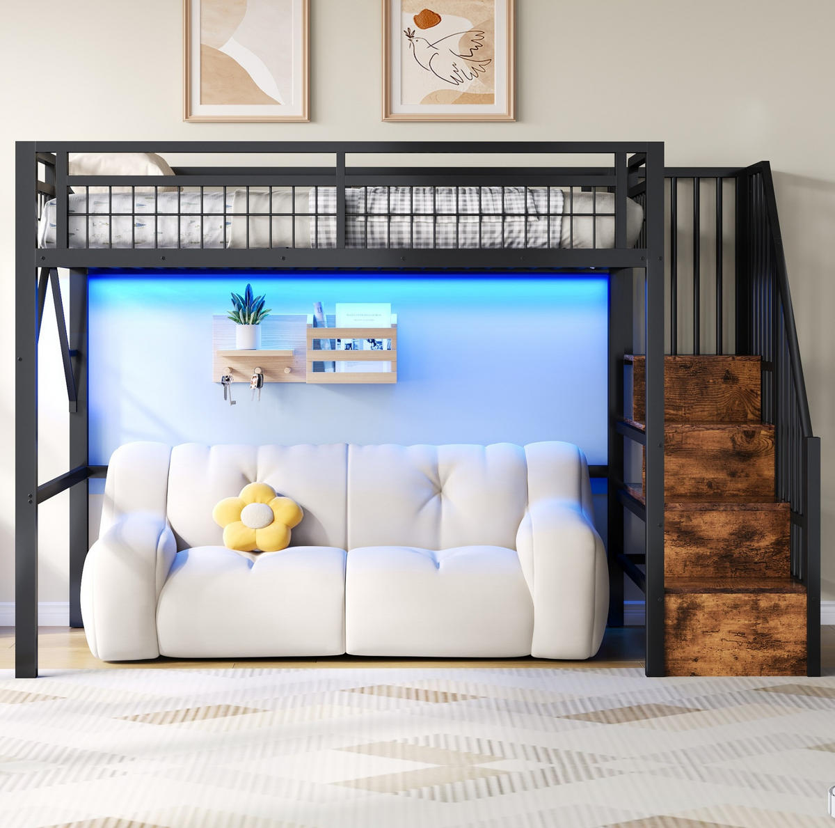 HOCHBETT 90/200 cm aus Metall mit LED-Lichtleiste und Stufentreppe mit Stauraum Schwarz - Schwarz, Metall (90/200cm) - Modenvie