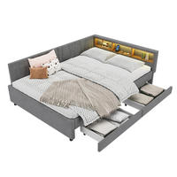 POLSTERBETT aus Leinen 140x200 cm in Grau mit LED, USB-C & 2 Schubladen - Grau, Textil (140/200cm) - Modfu
