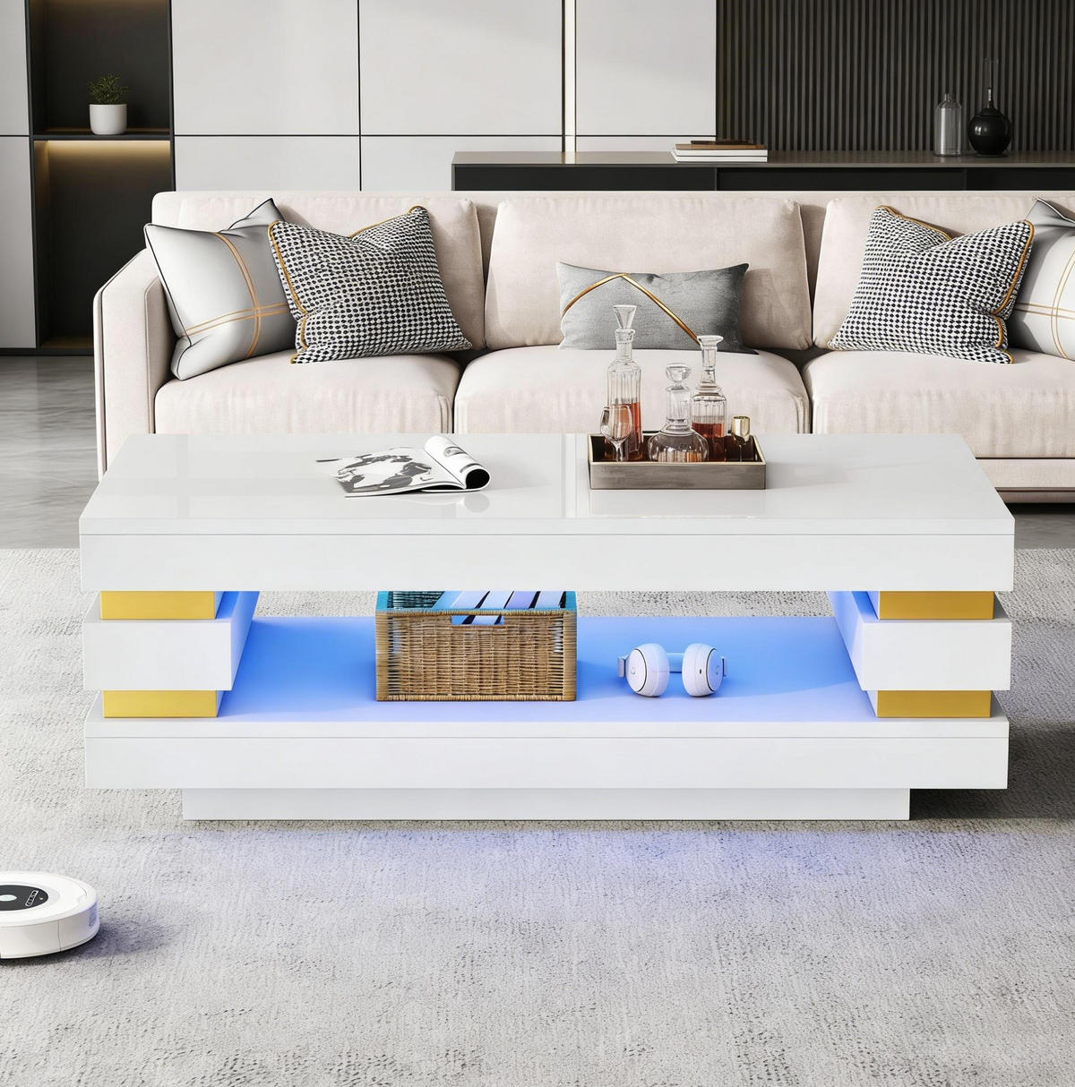 COUCHTISCH 100/50/35 cm mit LED-Beleuchtung, offenem Stauraum und Hochglanzoberfläche aus Spanplatte, Weiß - Weiß, Holzwerkstoff (100/50/35cm) - Redom