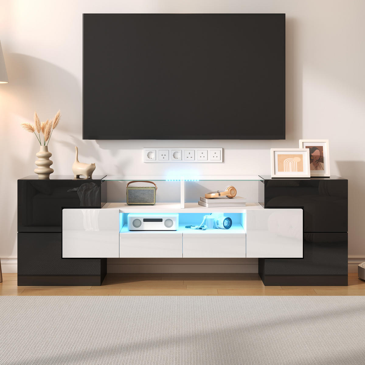 TV-SCHRANK mit LED-Beleuchtung 145 cm Hochglanz Weiß-Beton - Schwarz, Holzwerkstoff (30/51/145cm) - Beauniv