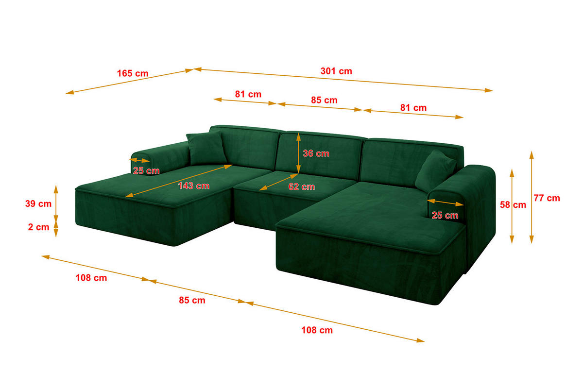 SEDACÍ SOUPRAVA ve tvaru U IREA-U1-v3 301x165x77 Zelená Velur - černá/zelená barva, kompozitní dřevo/textil (303/79/171cm) - ALTDECOR