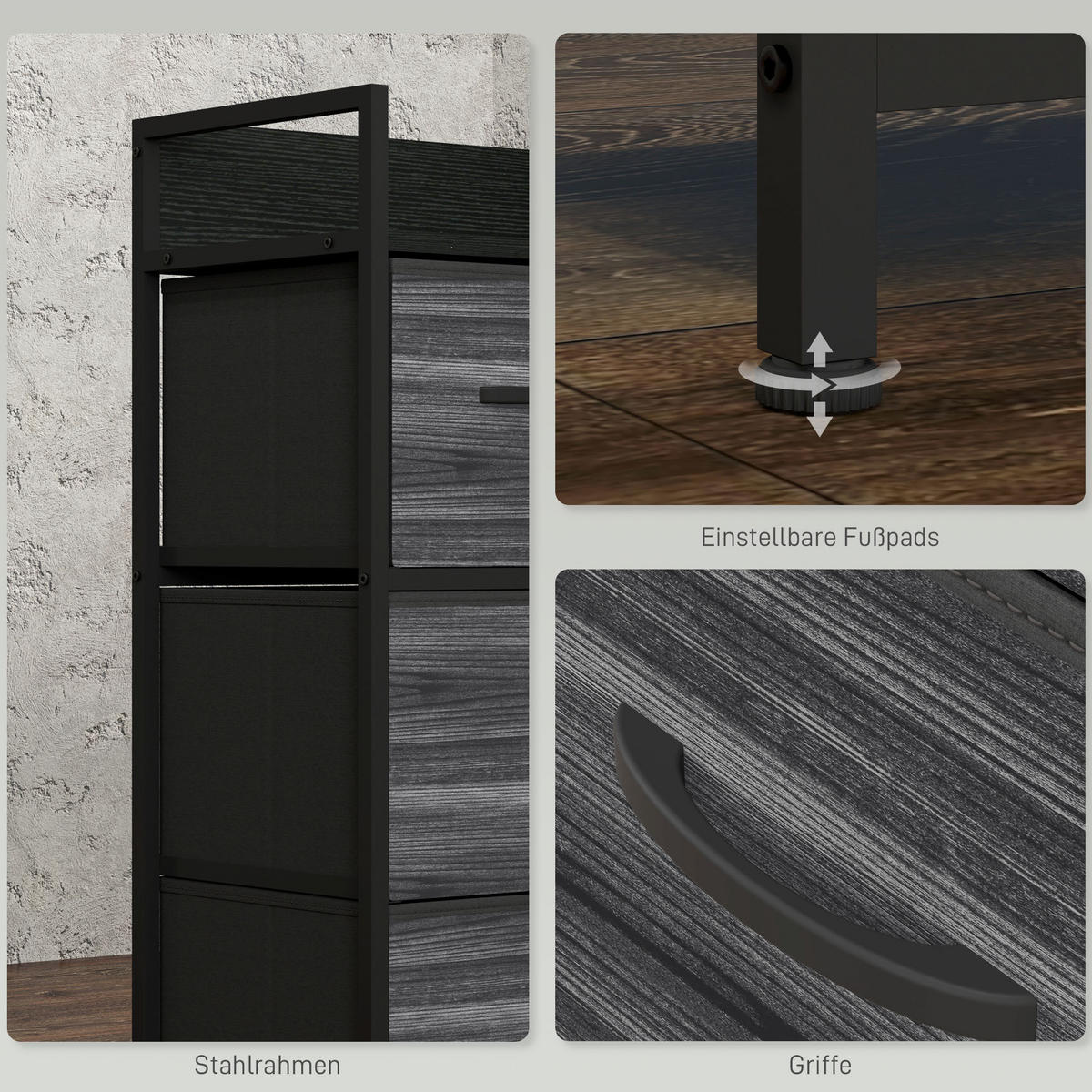 KOMMODE, Sideboard mit 4 Faltbaren Schubladen aus Stoff, Regal und Griff Schwarz - Schwarz, Textil/Metall (29/85/60cm) - HOMCOM