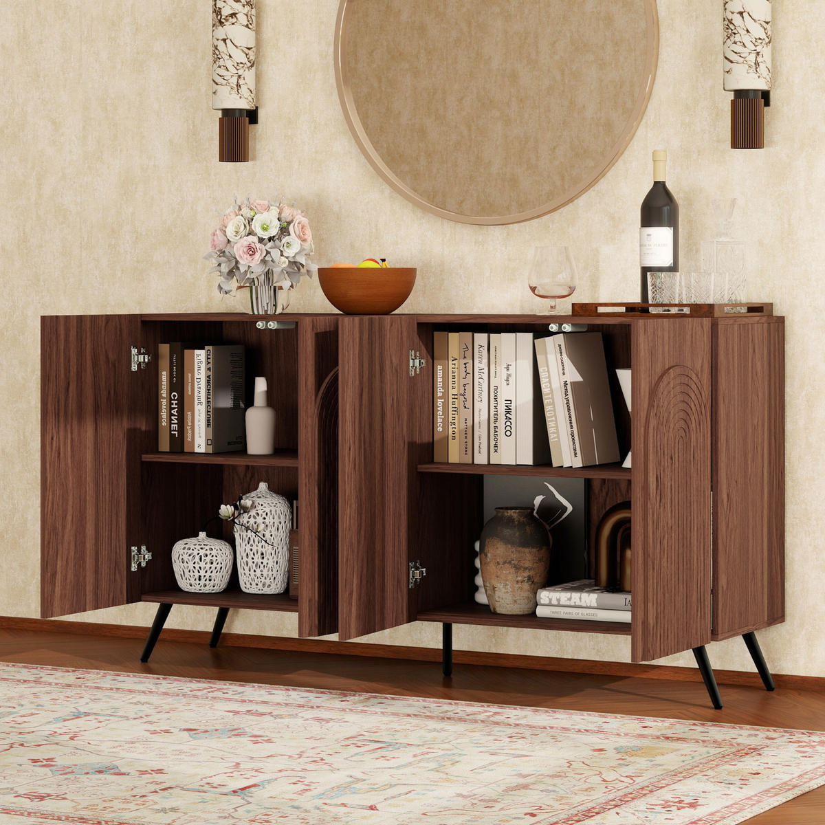 SIDEBOARD aus Holzwerkstoff 150x38x83 cm Walnussbraun mit verstellbaren Einlegeböden und 3D-Rillentüren im Mid-Century-Stil - Walnussfarben, Holzwerkstoff (150/83/38cm) - Modfu