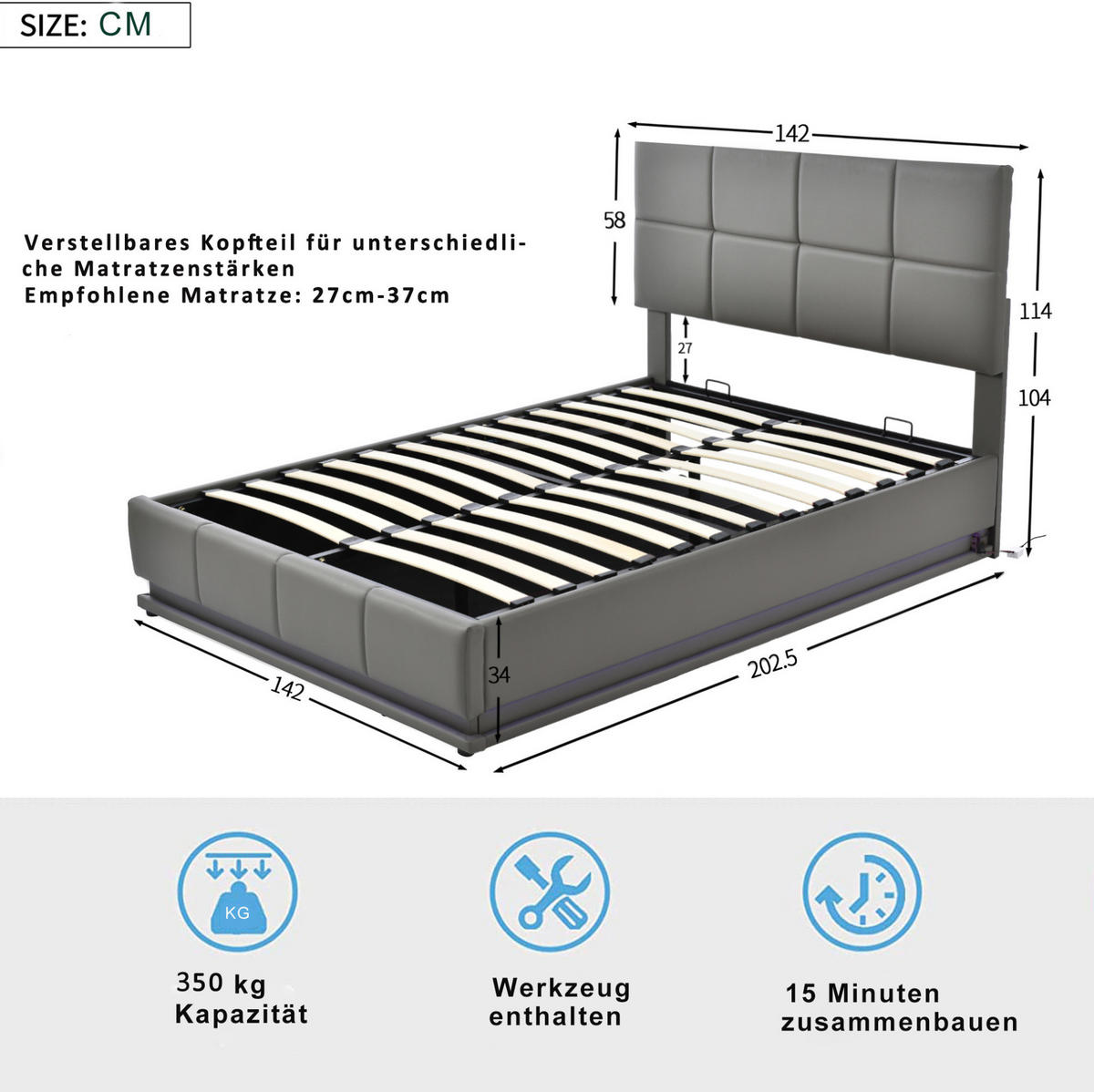 POLSTERBETT aus Kunstleder 140x200 cm Grau mit LED-Beleuchtung, hydraulischem Bettkasten und Lattenrost - Grau, Textil (140/200cm) - Modfu