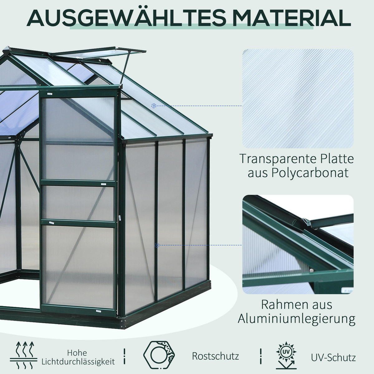 GEWÄCHSHAUS mit Dachfenster mit Tür mit Fundament, Alu+Polycarbonat, Grün+Transparent - Transparent/Grün, Kunststoff/Metall (192/201/190cm) - Outsunny