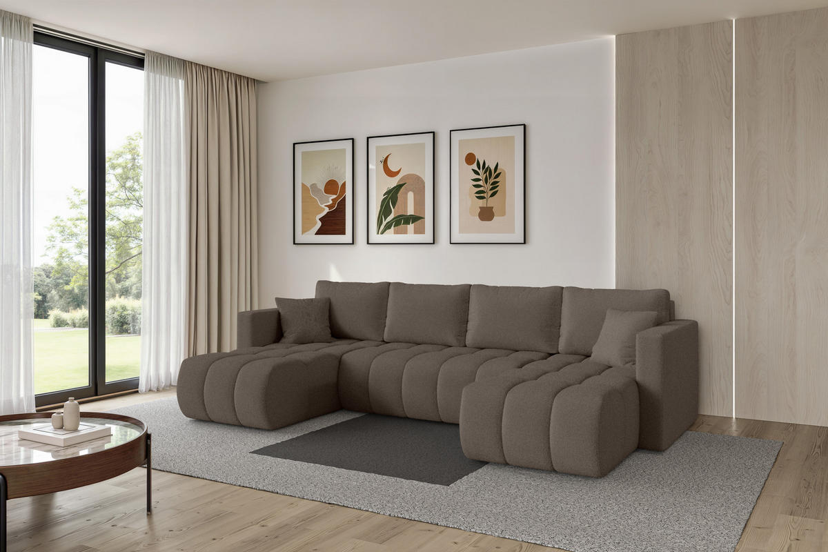 SEDACÍ SOUPRAVA DO U s funkcí spaní a úložným prostorem GARD-U 300x146x85 hnědá bouclé - černá/hnědá, kompozitní dřevo/textil (300/85/146cm) - ALTDECOR
