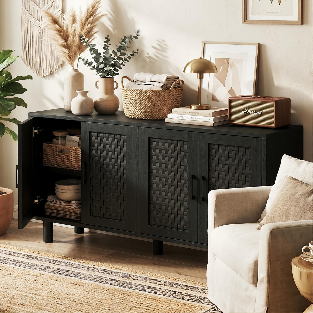 SIDEBOARD Japandi mit 4 Türen in Rattan-Optik 140/40/80 cm Schwarz - Schwarz, Holzwerkstoff (140/80/40cm) - Creahappy