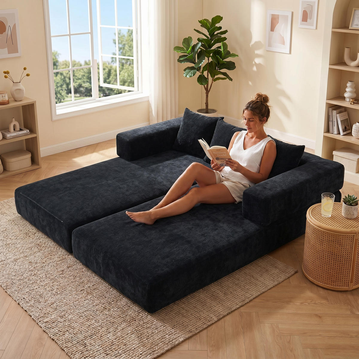 SCHLAFSOFA, Klappbares Bodensofa, Modulares Polstersofa Chenille, Schwarz - Schwarz, Textil (79/60/198cm) - LVHOM