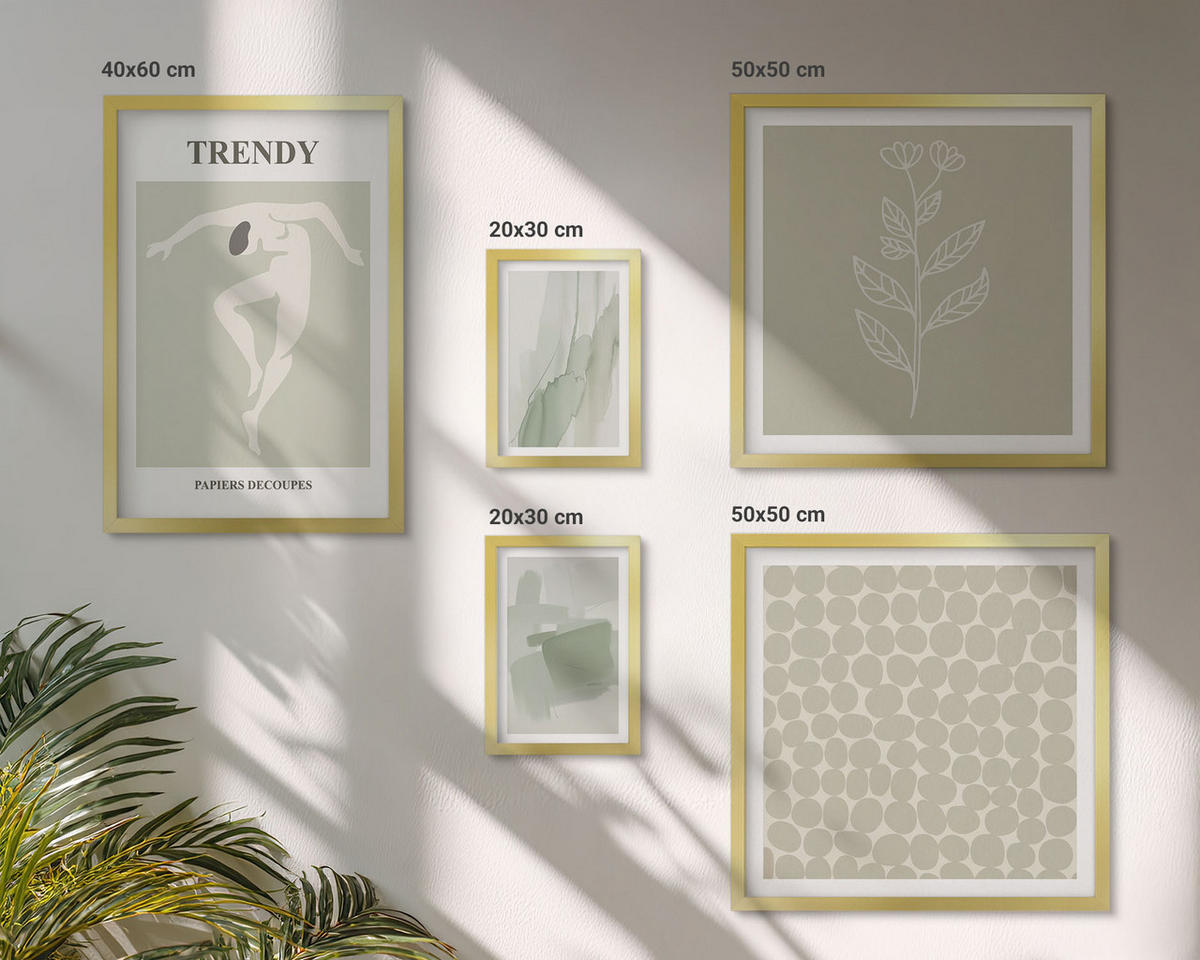 BILDER SET 5er Set - 50x50 cm & 20x30 cm & 40x60 cm Goldrahmen - Abstrakte Aquarellpflanzen - Goldfarben, Kunststoff (40/60cm) - TULUP