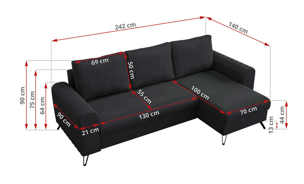ECKSOFA Axel Samt Dunkelgrau - Dunkelgrau/Schwarz, Textil/Metall (242/140cm) - MKS