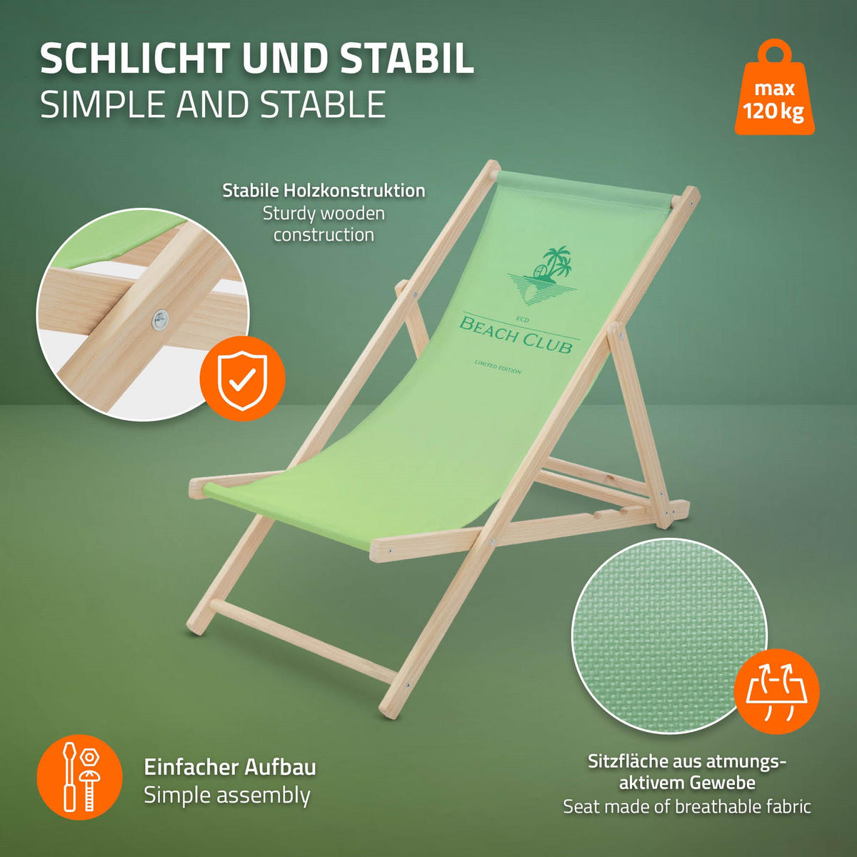 LIEGESTUHL Beach Club Grün - Limette, Holz (57.5/83/100cm) - ECD-Germany