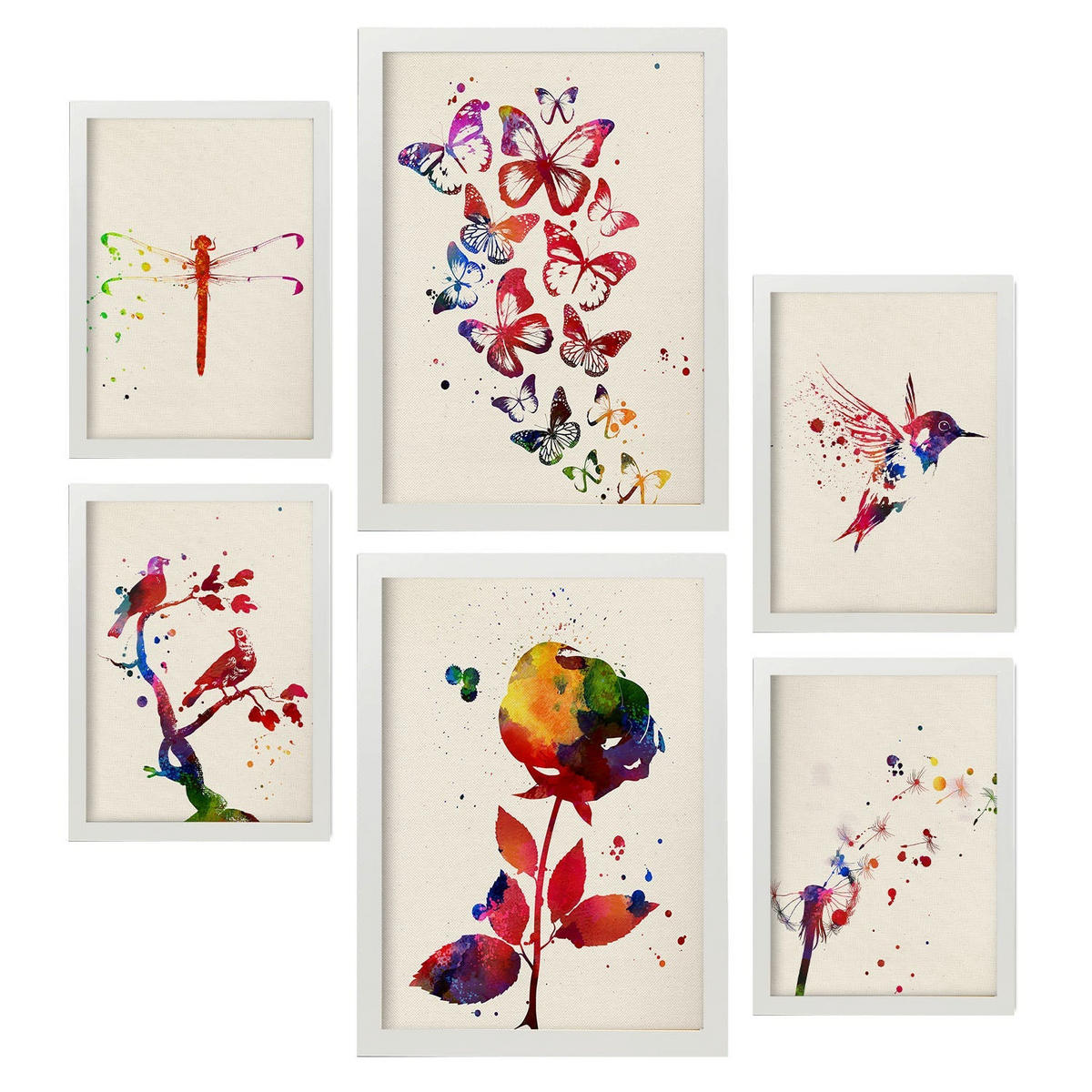 POSTER Set Mit 6 Natur Illustrationen Im Aquarell Stil Von Pflanzen, Blumen, Schmetterlingen Und Vögeln Innenarchitektur A3 & A4 Weißer Rahmen - Weiß, Papier (29/3cm) - Nacnic