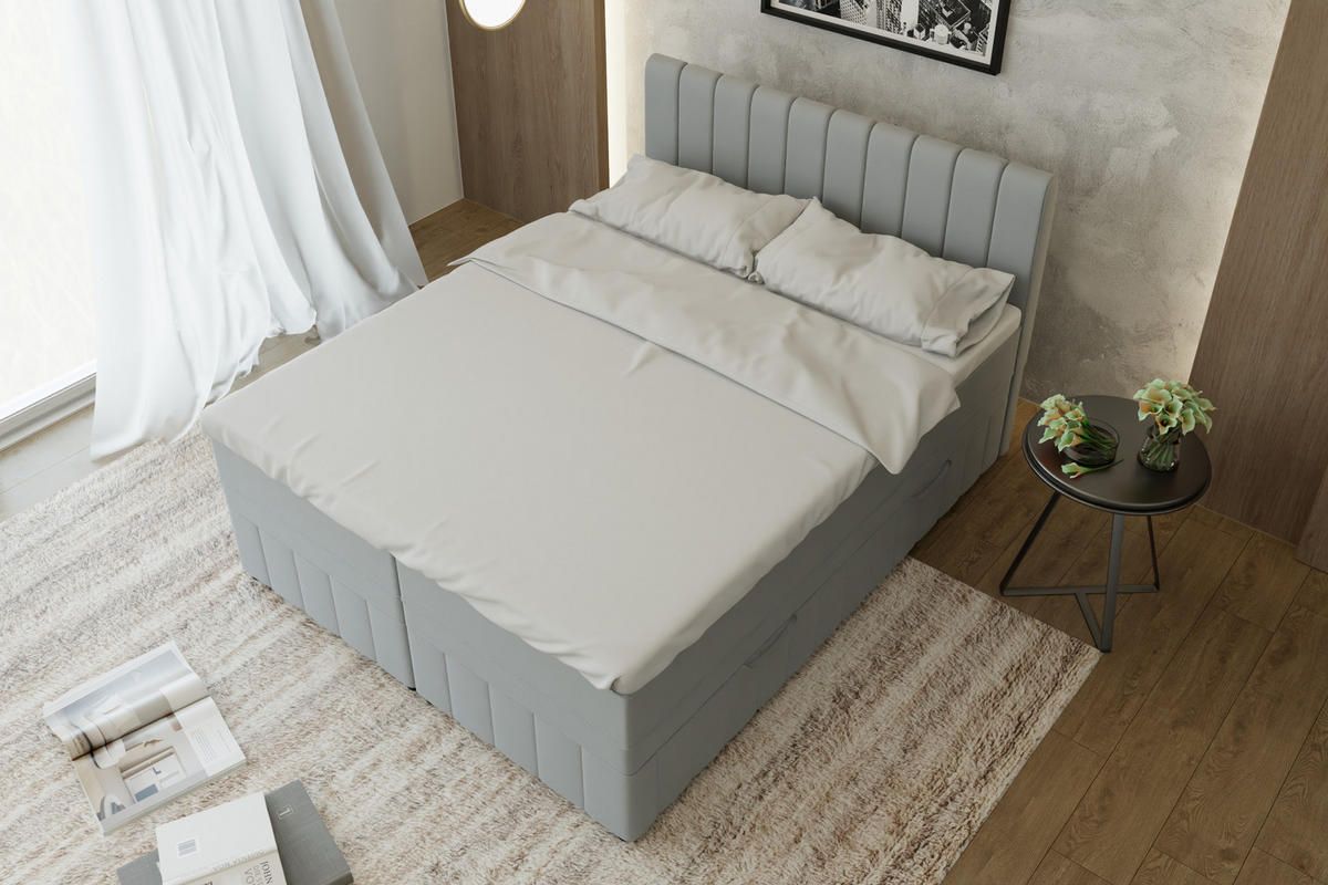 BOXBETT AVALON 160 x 200 cm mit Bettkasten und Topper - Hellgrau - Hellgrau, Holz - Panda Möbel