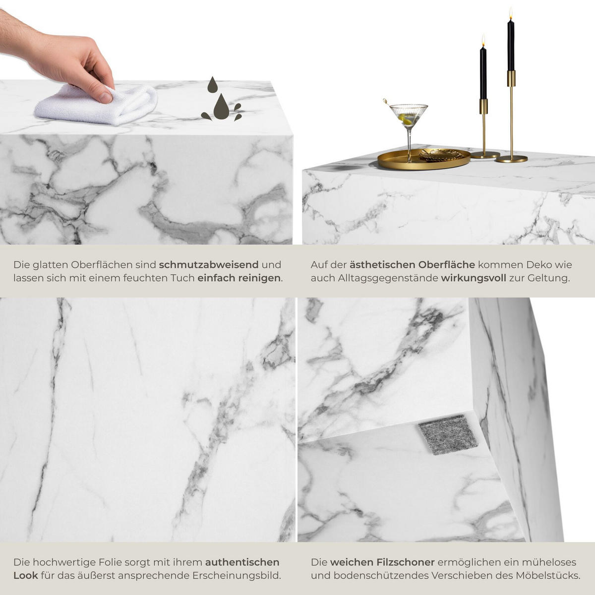 COUCHTISCH Lasley, inkl. Bodenschoner, Belastbarkeit 45 kg, Marmor Optik weiß - Weiß, Holz (60/120/35cm) - tectake