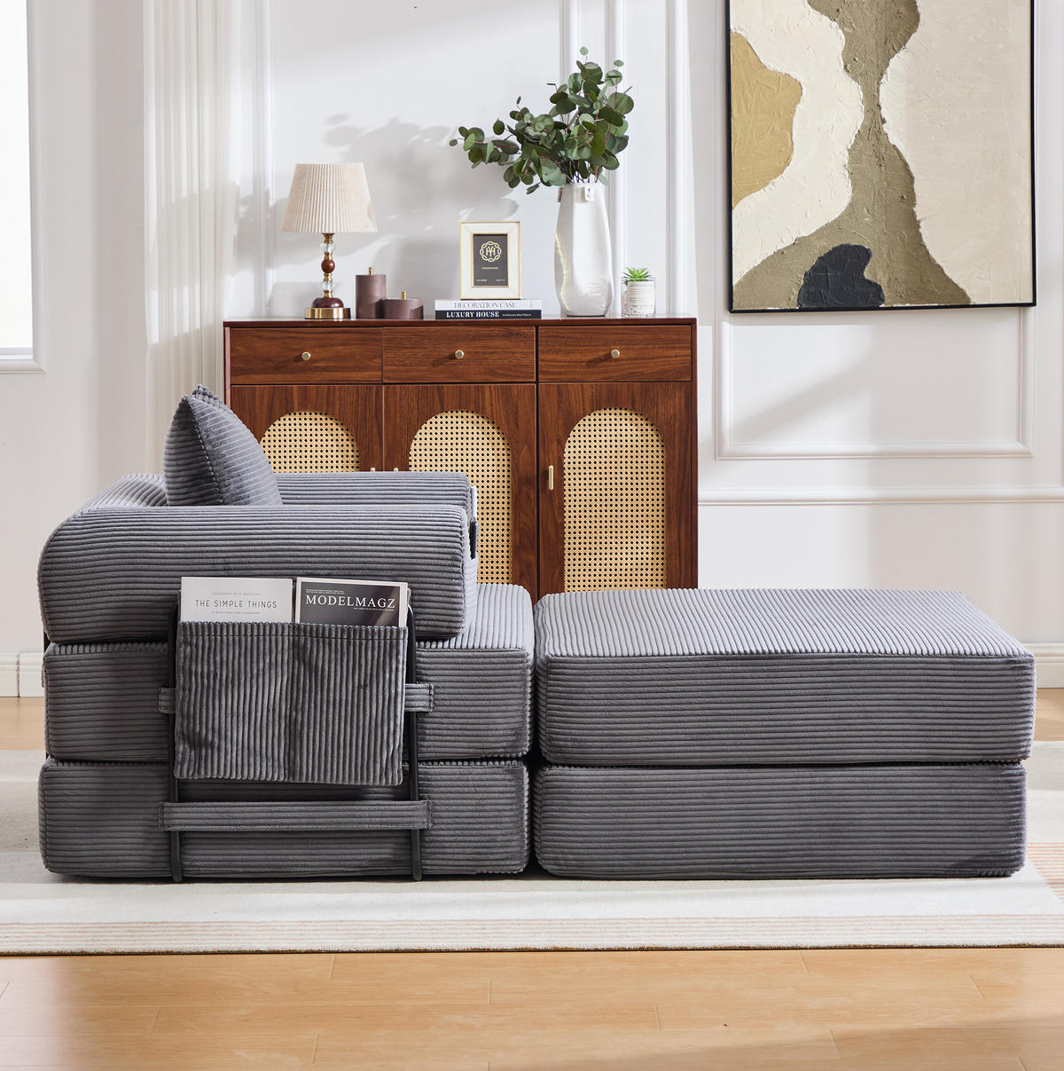 SOFA modular mit Hocker 112 x 190 x 67 cm Corduroy Dark Gray - Dunkelgrau, Kunststoff (190/67/112cm) - Meubliv