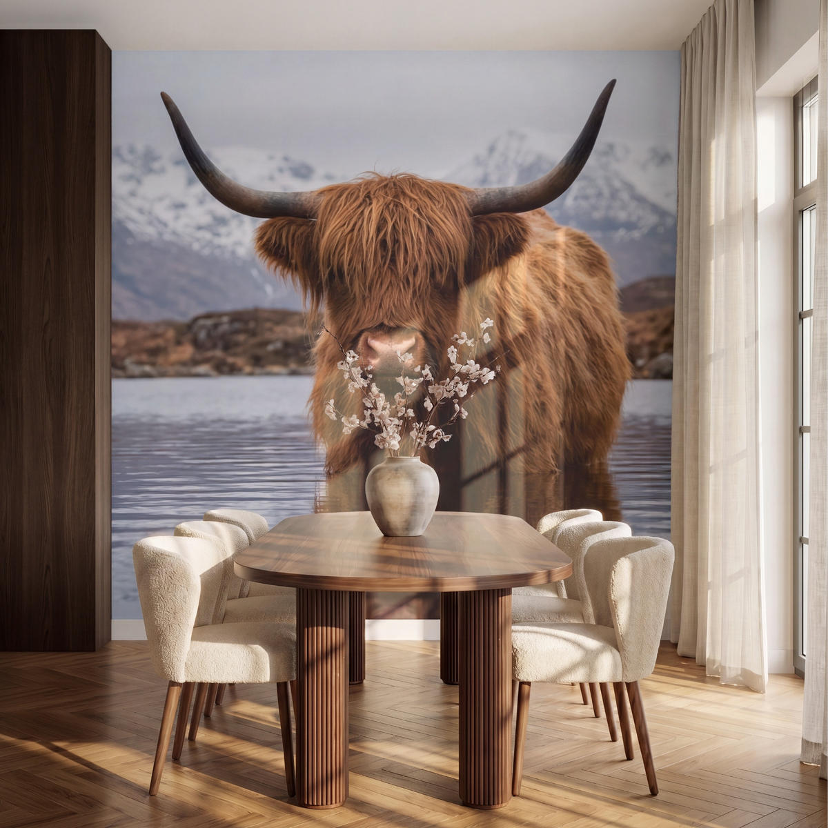 TAPETE - Schottischer Hochländer - Braun - Wasser - 240x220 cm - Braun, Papier (240/220cm) - OnlyWow