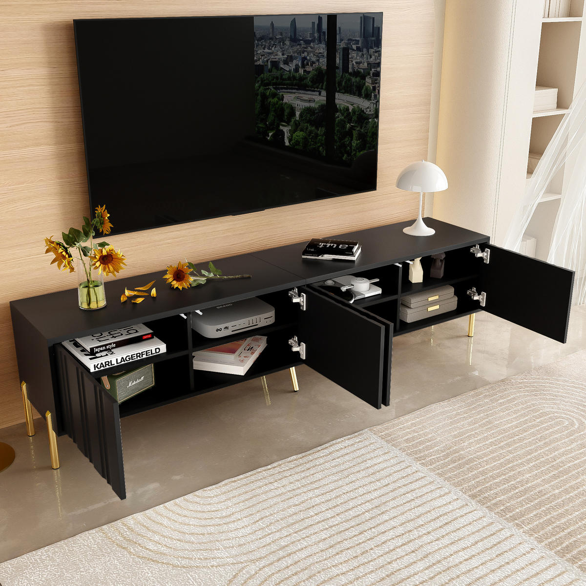 LOWBOARD 190/38/48 cm Schwarz aus MDF und Spanplatte mit 4 Türen - Schwarz, Holzwerkstoff (38/48/190cm) - OKMYHOME