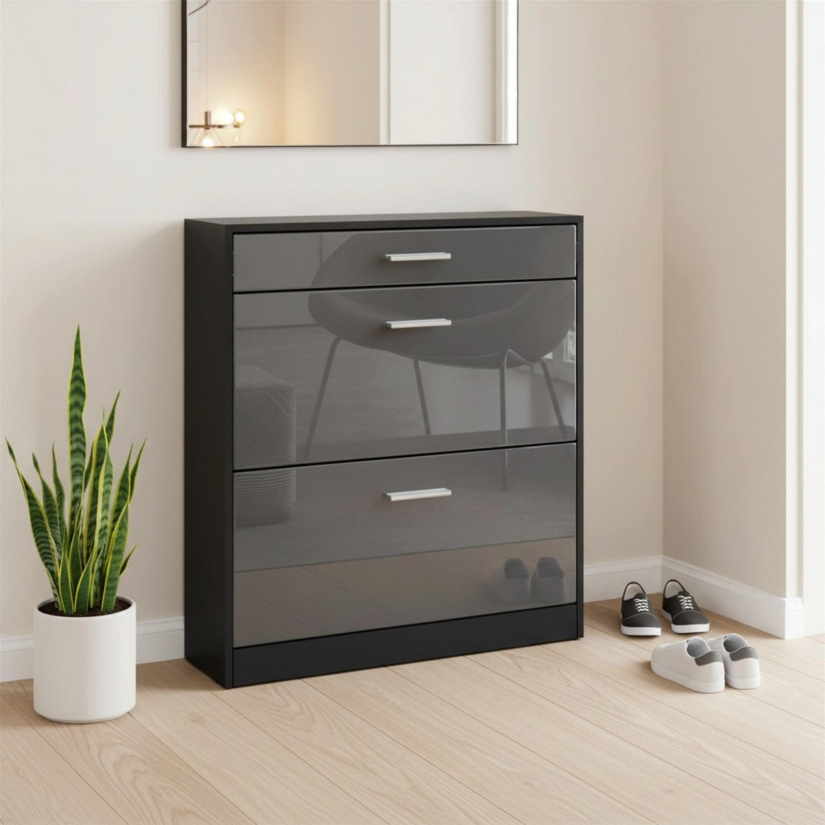 SCHUHSCHRANK Roma Schmal mit 2 Klappen und 1 Schublade, Platzsparender Schuhkipper, Schwarz/Grau Hochglanz (89 x 95,5 x 23 cm) - Grau, Holzwerkstoff (89/95.5/23cm) - InnoFurn