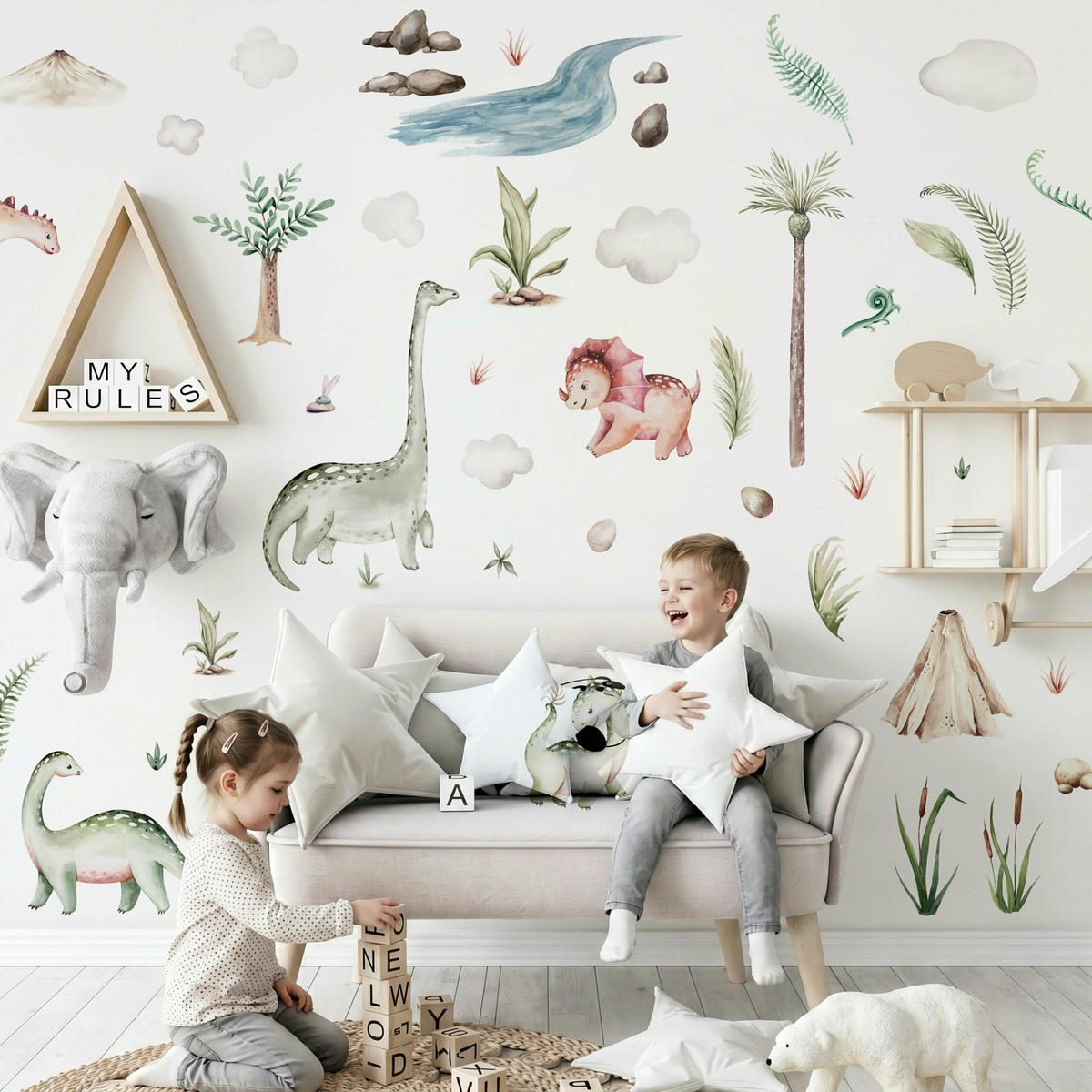 WANDSTICKER SET Dinosaurier und Pflanzen 120x60 - Beige/Braun, Papier (120/60/60cm) - Muralo