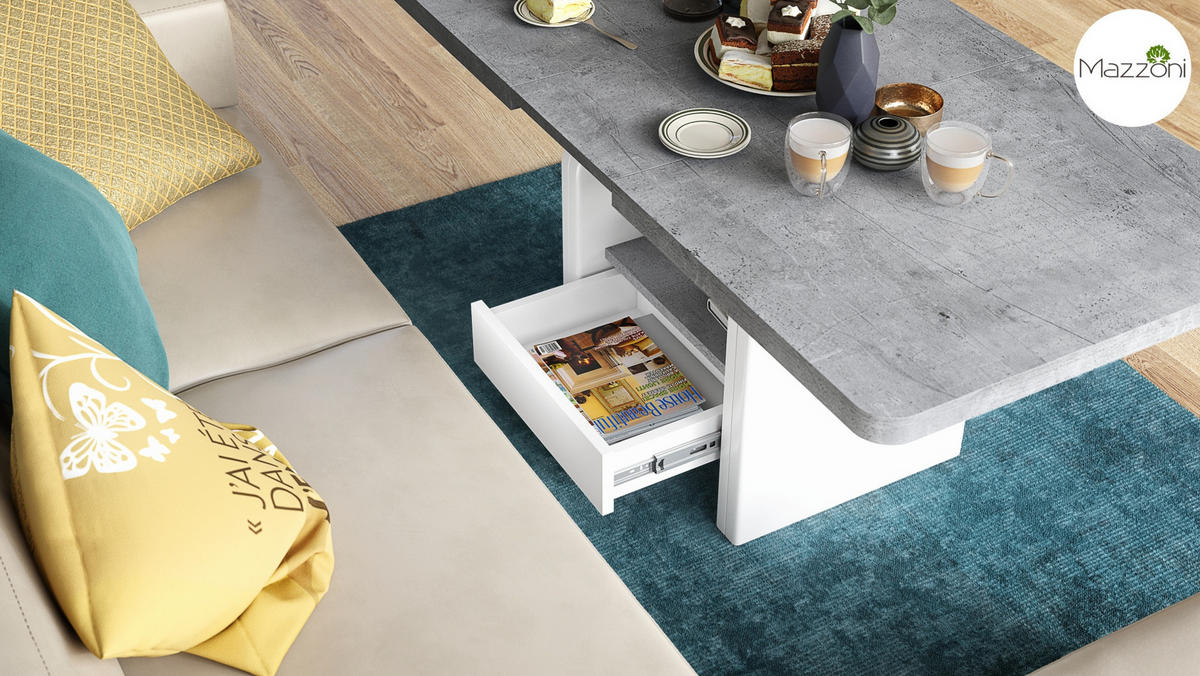 COUCHTISCH rechteckig Beton - Weiß höhenverstellbar ausziehbar - Hellgrau/Weiß, Holzwerkstoff (75/180/75cm) - designimpex