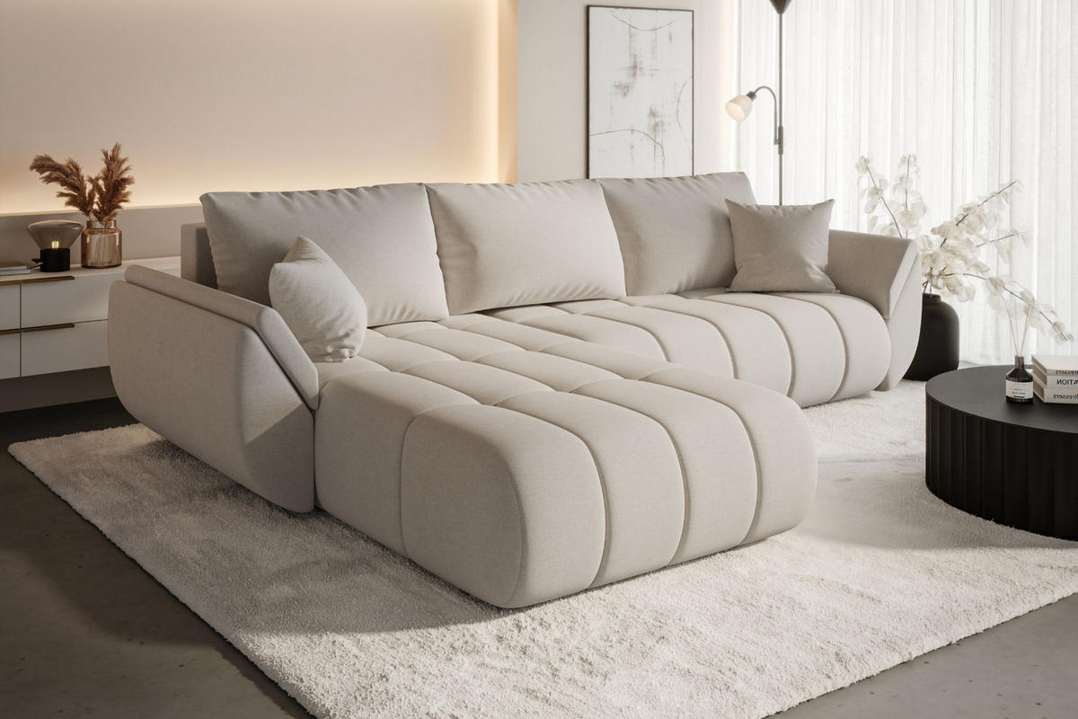 ECKSOFA TOKYO PREMIUM mit Schlaffunktion, Stoff WIND, Beige, Links - Beige, Holz (280/190cm) - Kaiser Möbel