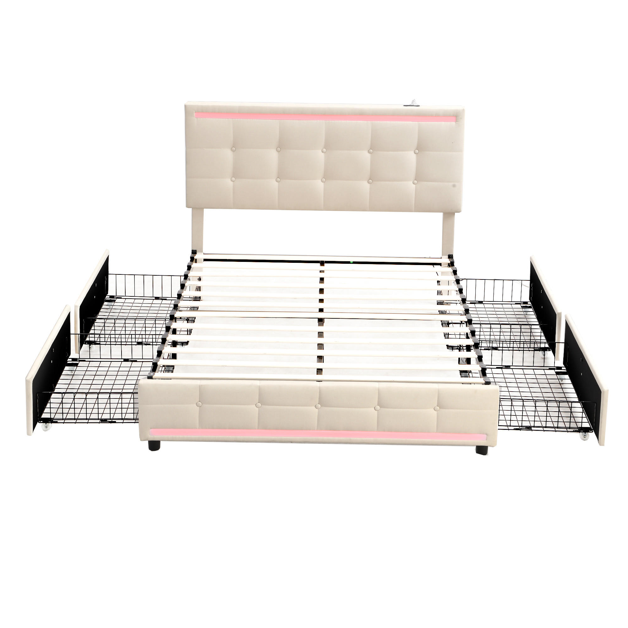 POLSTERBETT 140/200 cm Beige LED-Bett mit 4 Schubladen und USB-Anschluss - Beige, Textil (140/200cm) - OKWISH